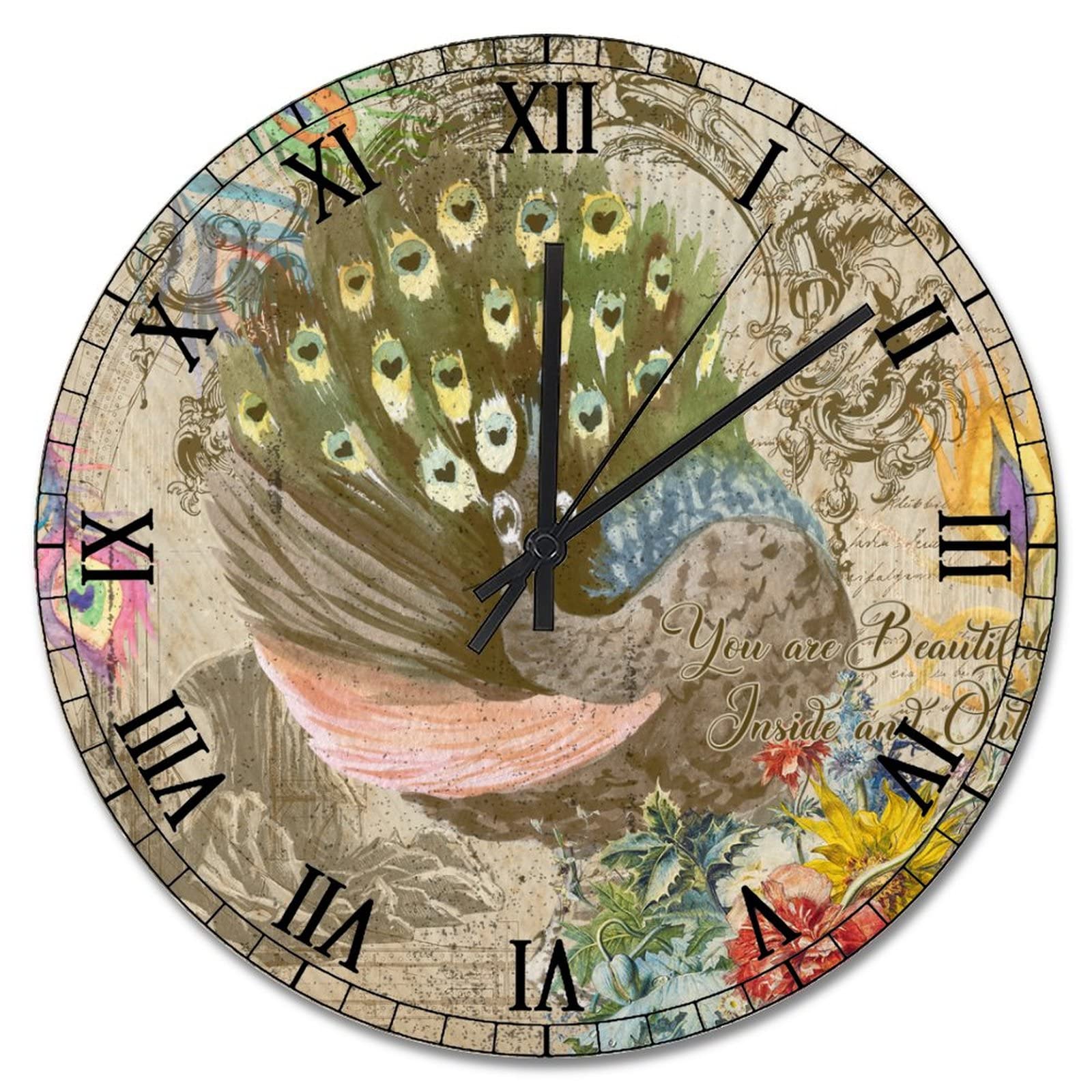 Horloge murale vintage paon coloré pour décorer un salon fleuri