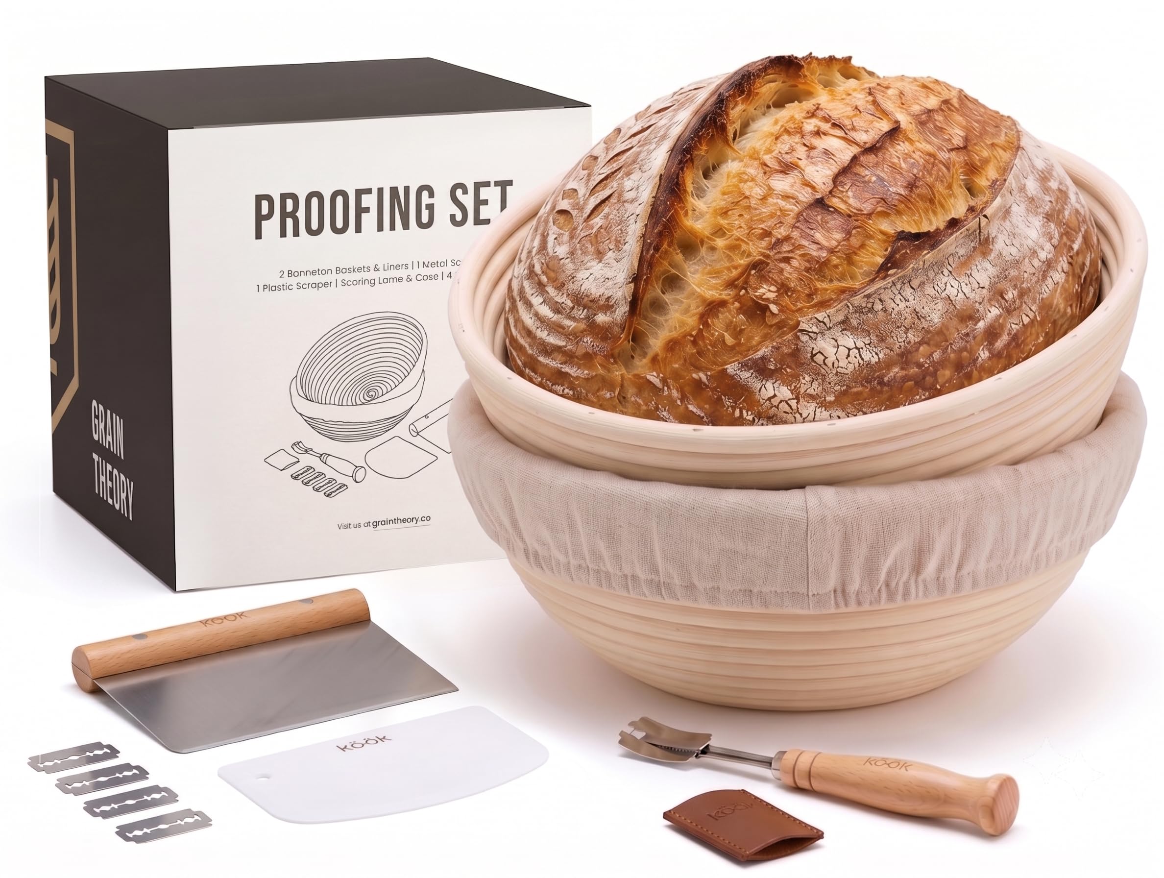 Kook Set per lievitazione pane a lievitazione naturale, 2 cestini Banneton in rattan da 22,9 cm, 2 coperchi per cestini, raschietto in metallo, raschietto in plastica, lama per segnare, 5 lame e