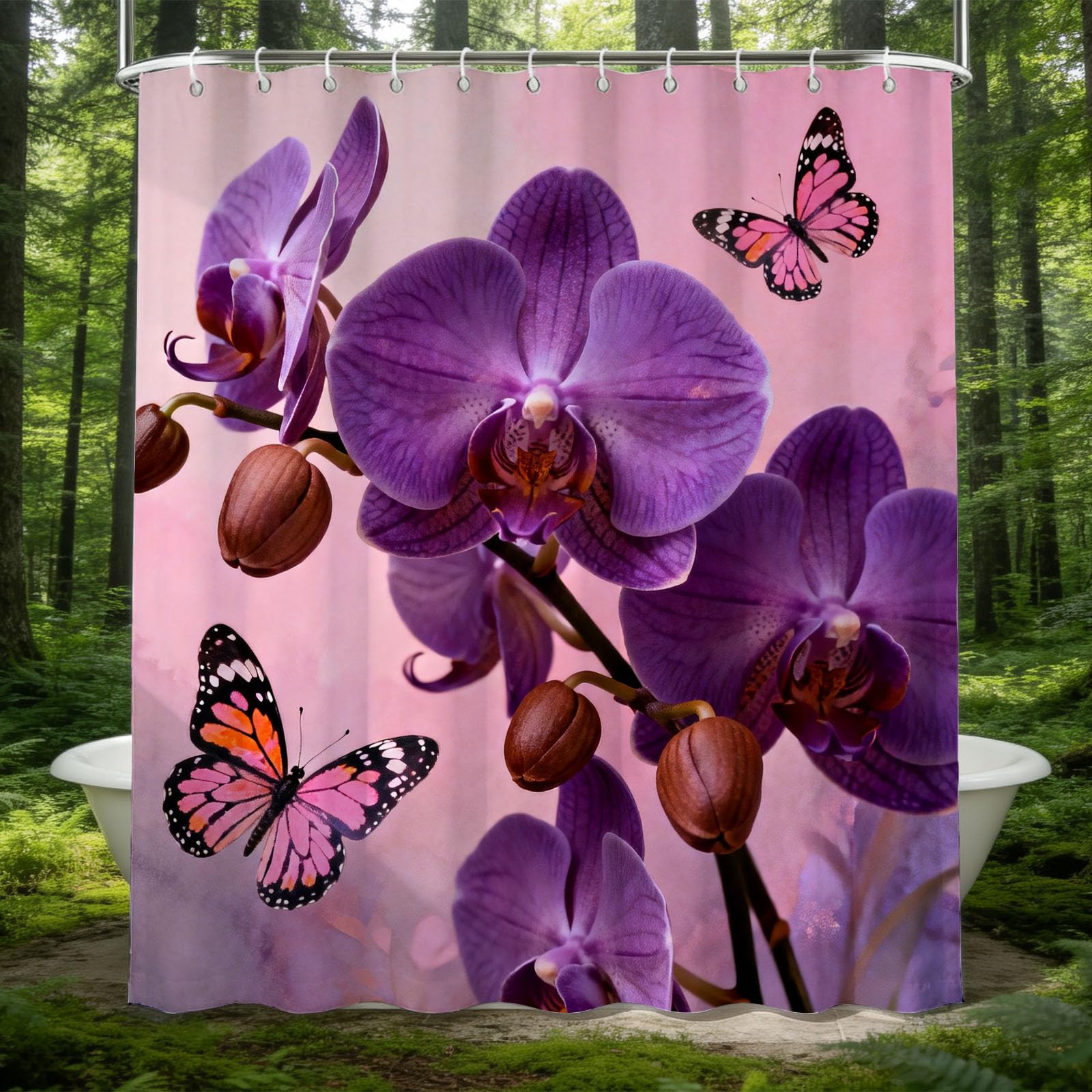 Hongduo White 3D Phalaenopsis Orchid Shower Curtain For Stalls Bathtubs Zen Bathroom Decor Shower Curtain Set Polyester Fabric Waterproof 180X180cm/71X71 Inch With Hooks