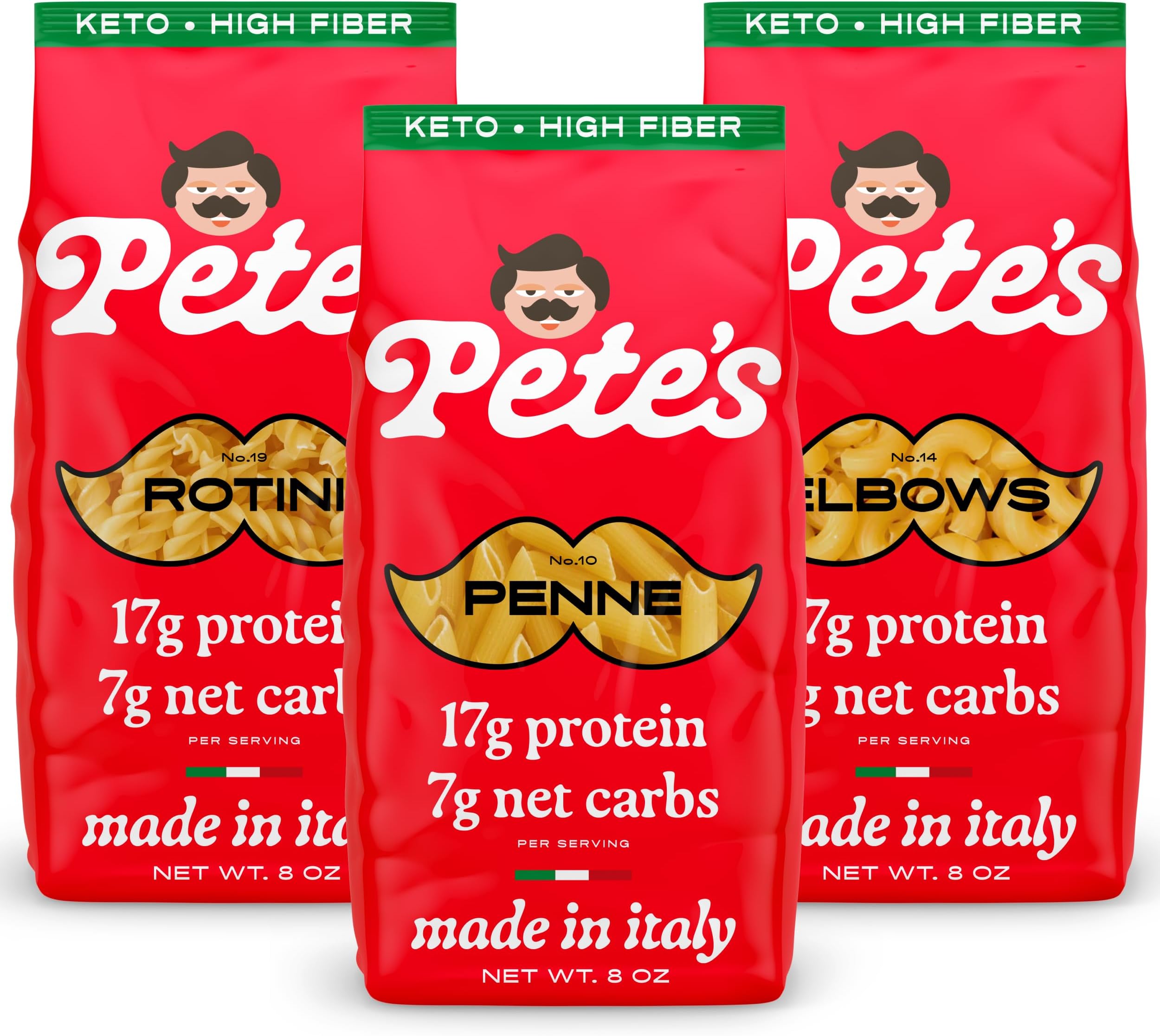 8oz Assortment Pack - Penne, Rotini, Elbow, 7g Low Carb Pasta, 17g High Protein Pasta, Authentic Italian Ketogenic Noodles, Healthy and Low Elbows