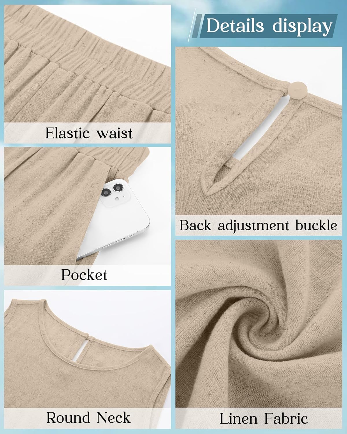Ficerd Women 2 Piece Summer Outfits Linen beach Set Round Neck Sleeveless Crop Tank Tops Elastic High Waist Cropped Pants (Khaki,XX-Large) - Image 4