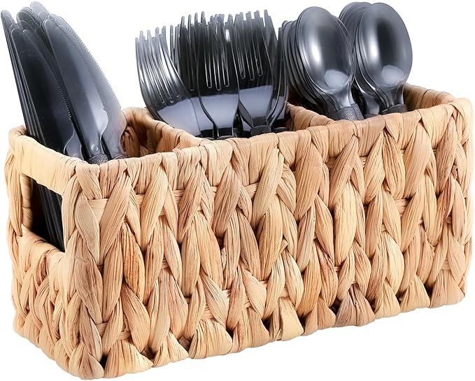 Wicker Party Silverware Caddy, Small Water Hyacinth Plastic Cutlery Utensil Holder, Hand Woven with Handles, Kitchen Countertop and Picnic flatware Organizer