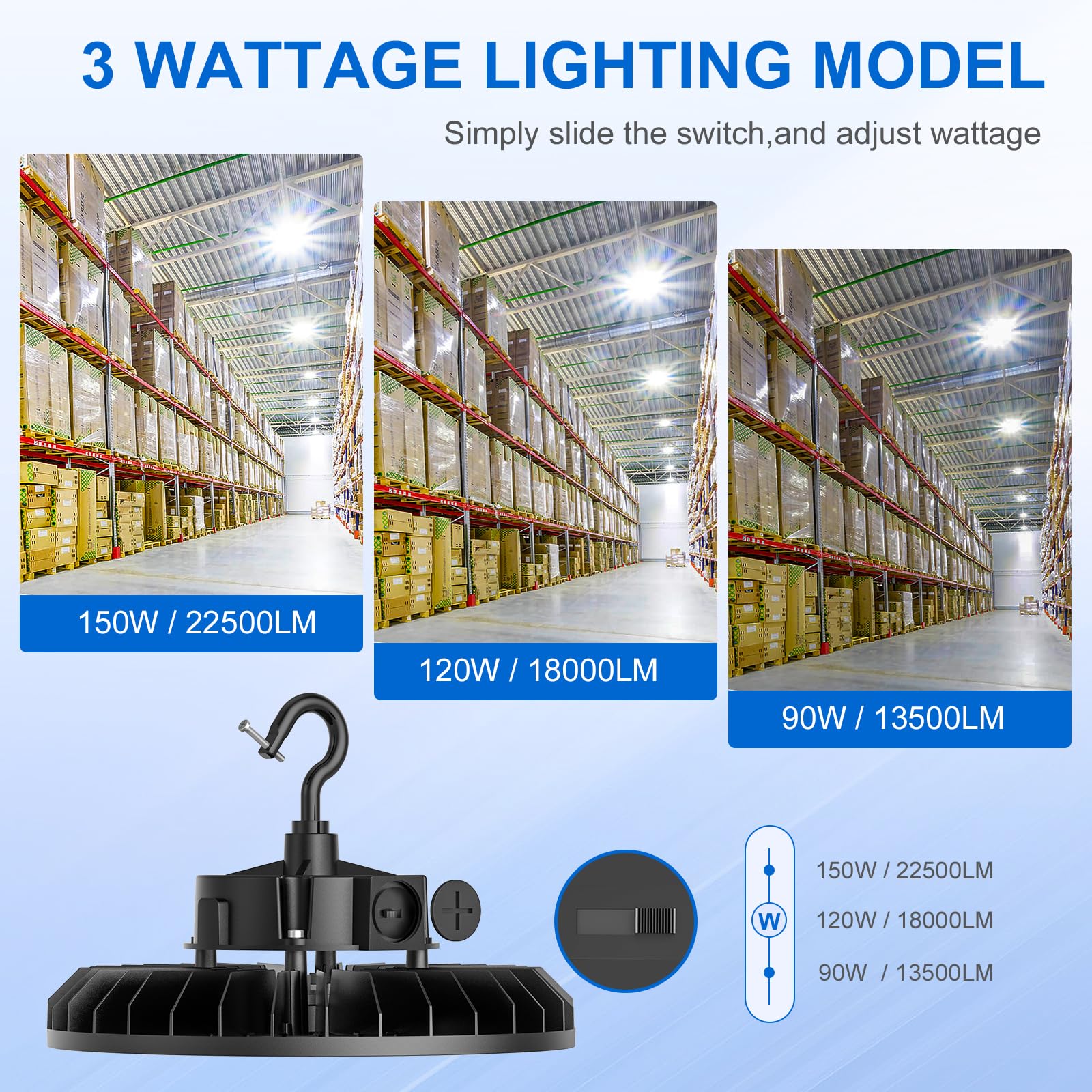 3 Pack 480 Volt LED High Bay Light 150W 120W 90W Adjustable ETL DLC Listed Industrial Grade UFO — view 3