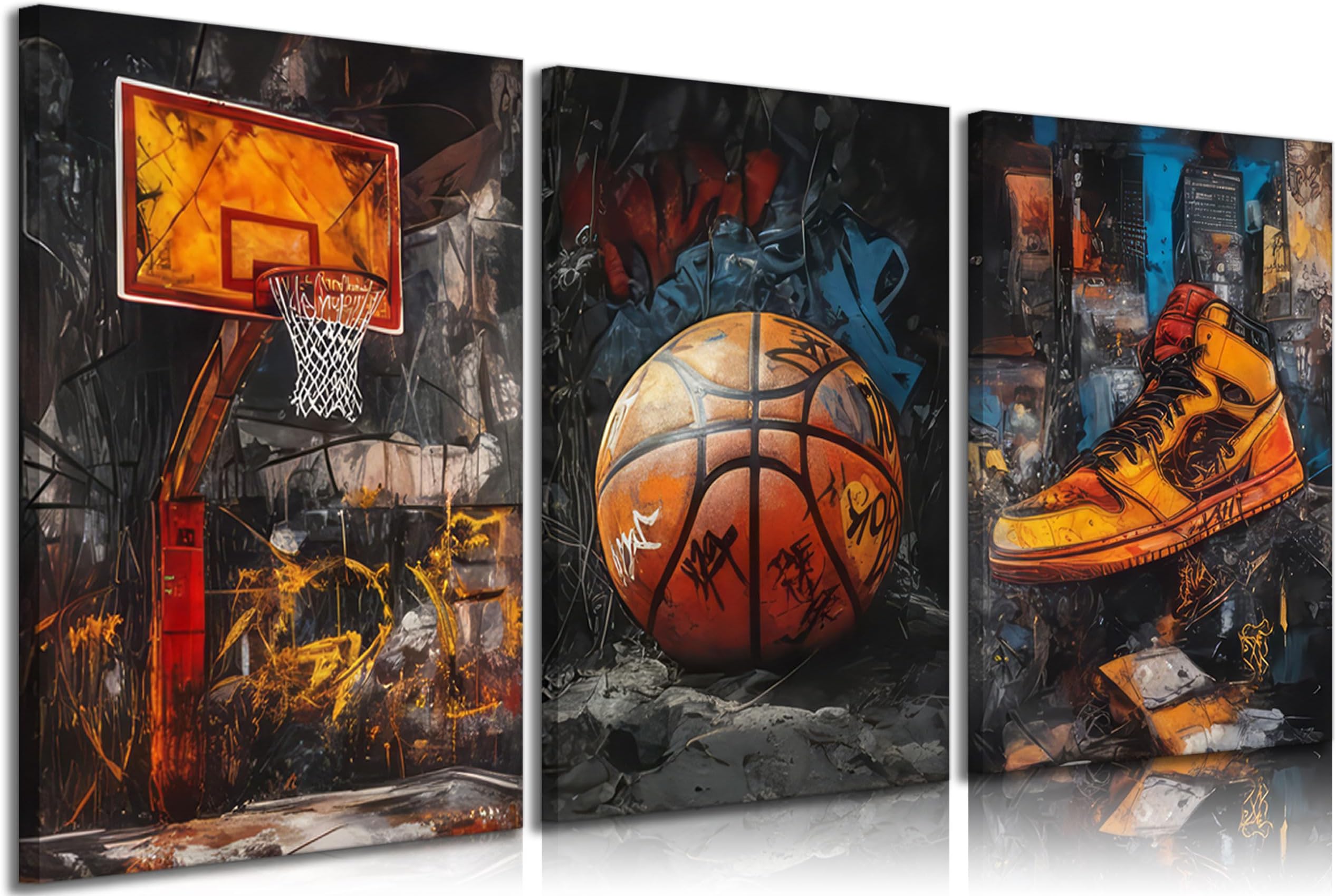 3pcs Graffiti Basketball Canvas Wall Art Basketball Court Sneakers Pictures Wall Decor Retro Abstract Graffiti Teen Posters Prints for Teen Boys Living Room Bedroom Decoration Ready To Hang