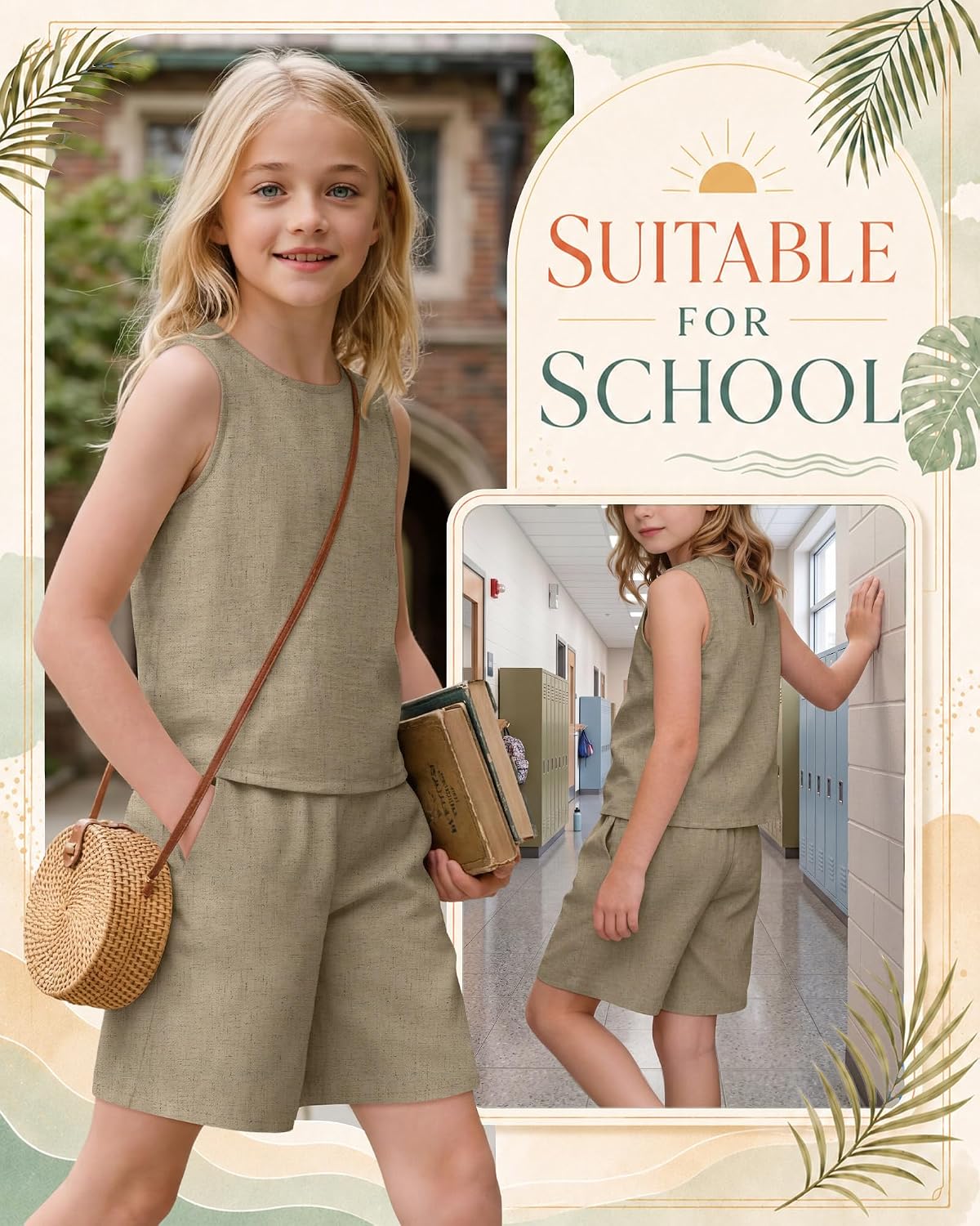 Girls 2 Piece Outfits Summer Linen Sets Sleeveless Tank Tops Elastic Waist Shorts Pockets Teens Kids Clothes 5-14Y