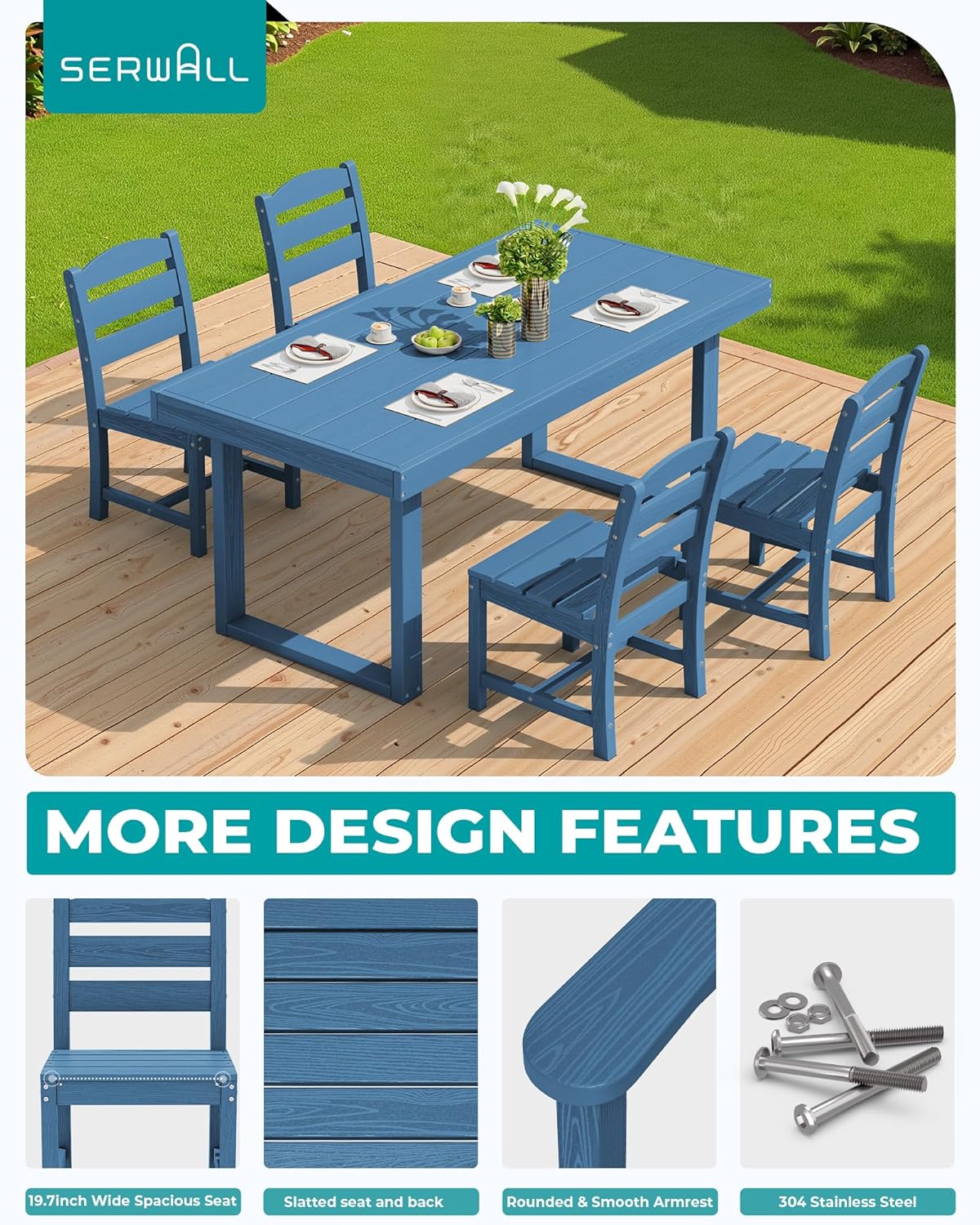 SERWALL HDPE Outdoor Dining Set for 4, 67'' All Weather Patio Dining Table and Armless Chairs Set for Deck, Lawn, Blue