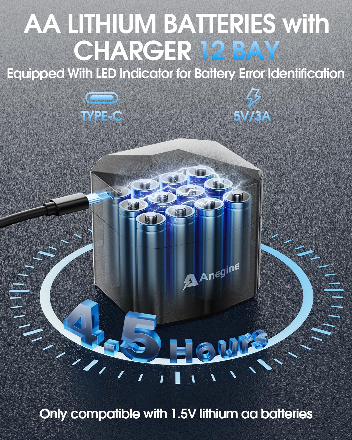 Anegine Lithium Batterie AA Akkus Wiederaufladbar mit Ladegerät 3600mWh 1,5V Aufladbare Blink Batterien AA Lithium Batterie Ladezyklen bis zu 2000+ (12er-Pack)