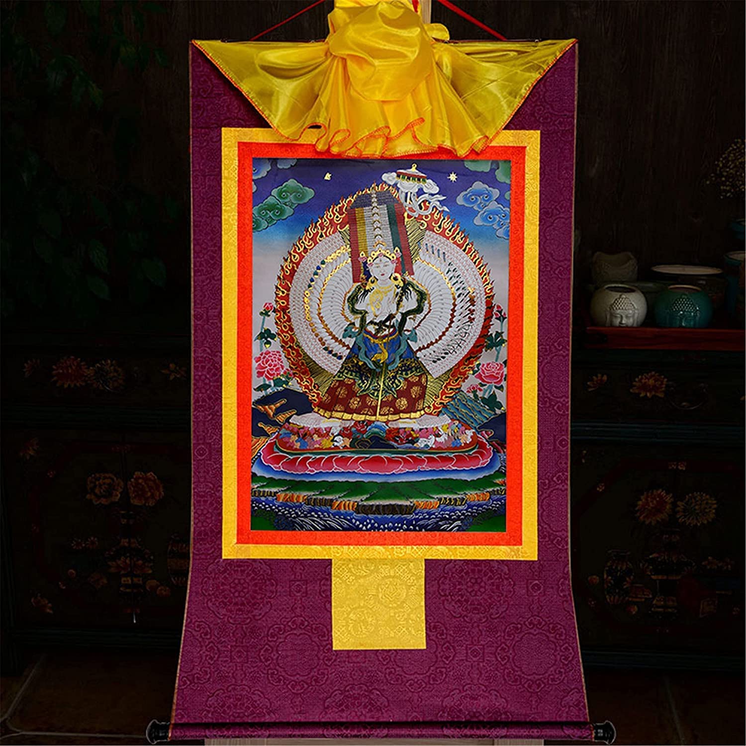 Gobelin Thangka, buddyjska statua malarstwa Buddy, gobelin Buddy ze zwojem, tybetańska statua Buddy do powieszenia na ścianie, buddyjska statua Buddy malarstwa brokatowego, gobelin Buddy ze zwojem, (