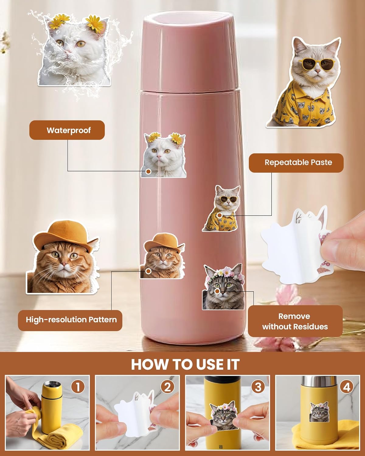 100Pcs Funny Cat Stickers in Bulk Stickers Cat Water Bottle Sticker Cute Kawaii Waterproof Sticker for Laptop Scrapbooking Cats Party Favor