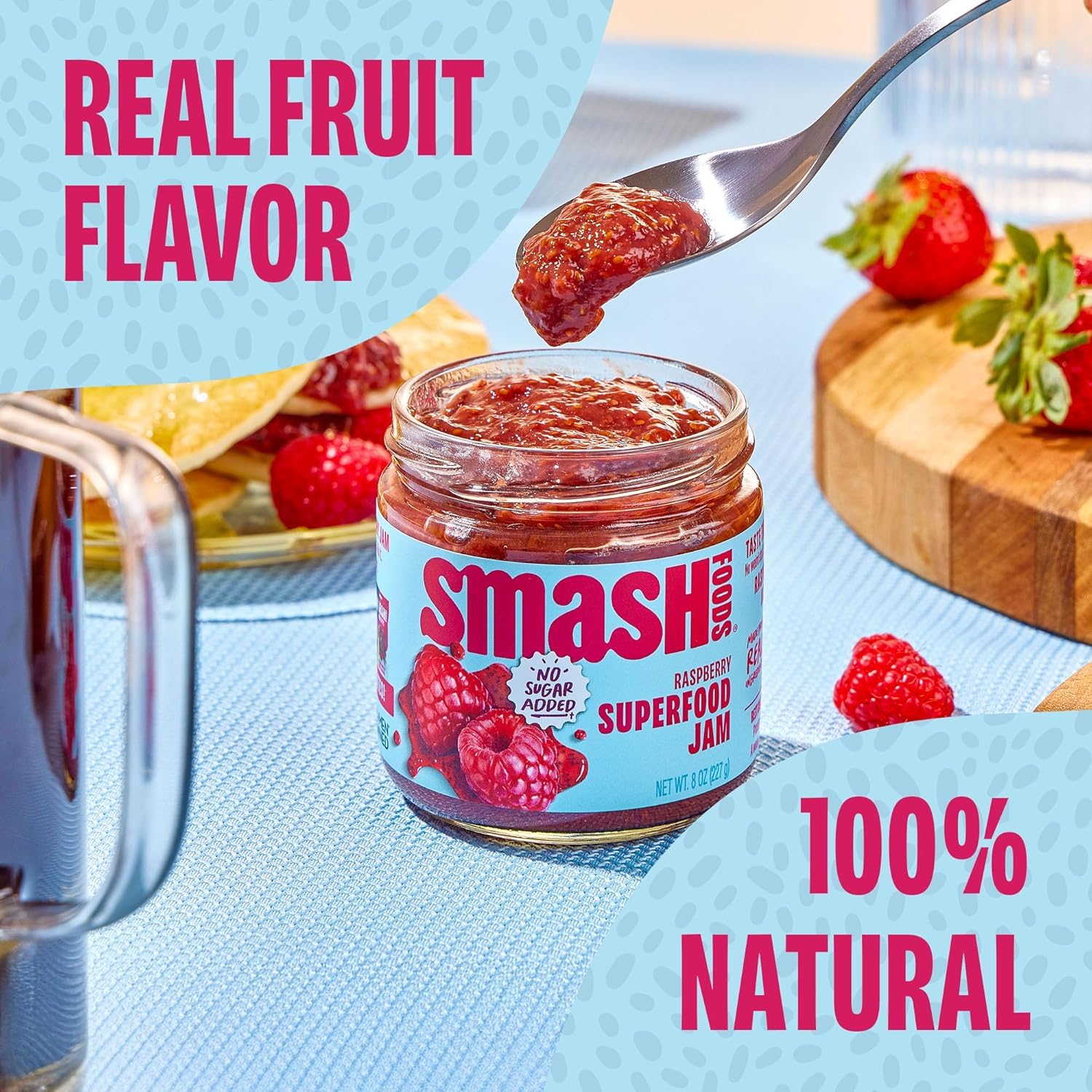 Smash Foods Raspberry Superfood Fruit Spread, No Sugar Added, Vegan, Keto Friendly, 17.5 Fluid Ounces 2 Pack
