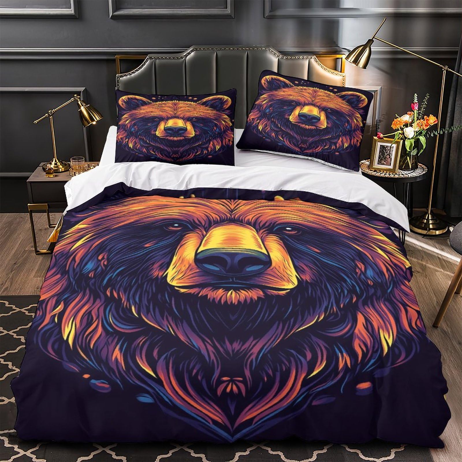 Housse de couette ours 3D imprimé microfibre drap de couette 3 pièces lit 260x220cm