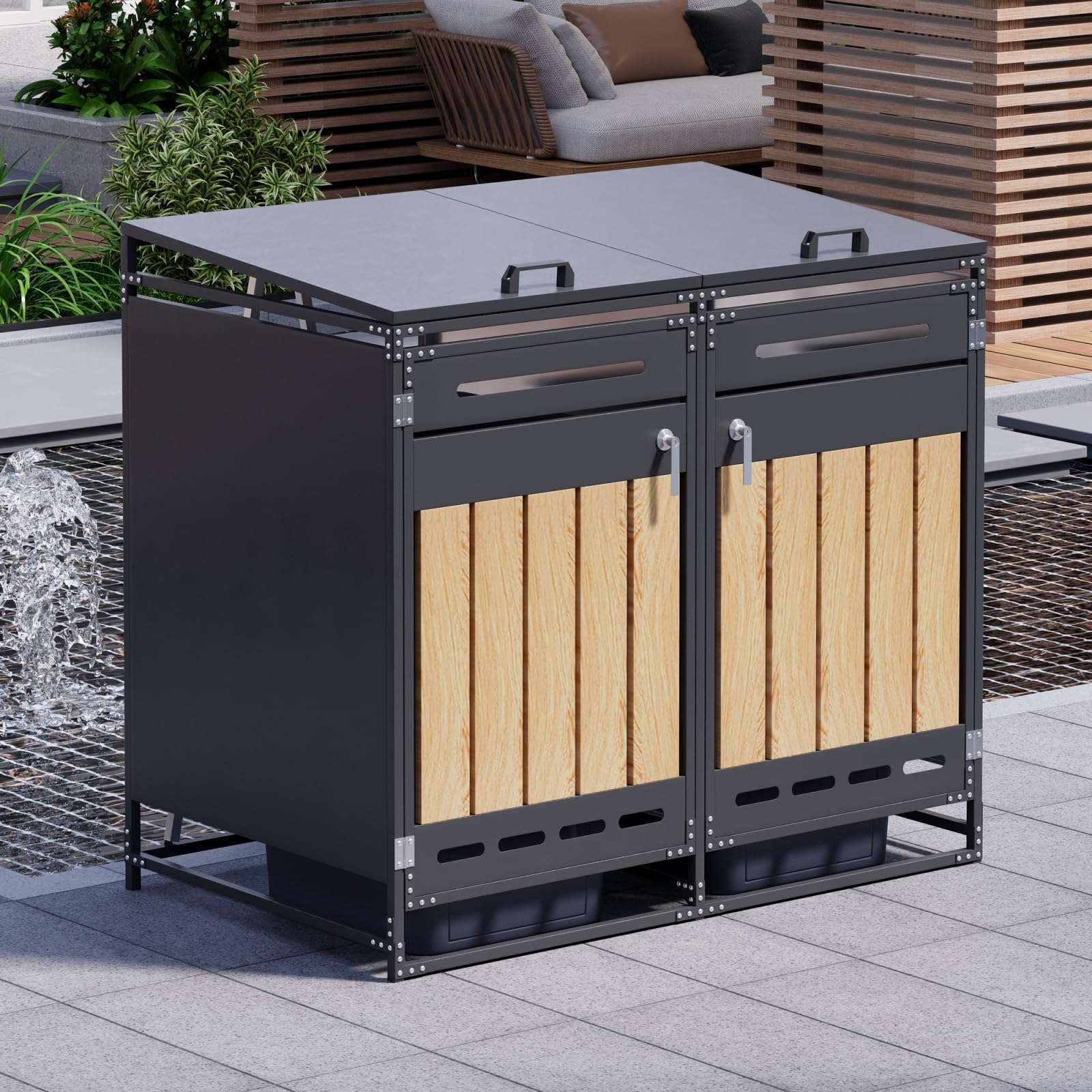 Abri pour poubelles avec Couvercle hydraulique, Habillage Vertical Aspect Bois, aération à Fentes oblongues, Armoire de Rangement de Jardin en Fer avec Serrure (1)