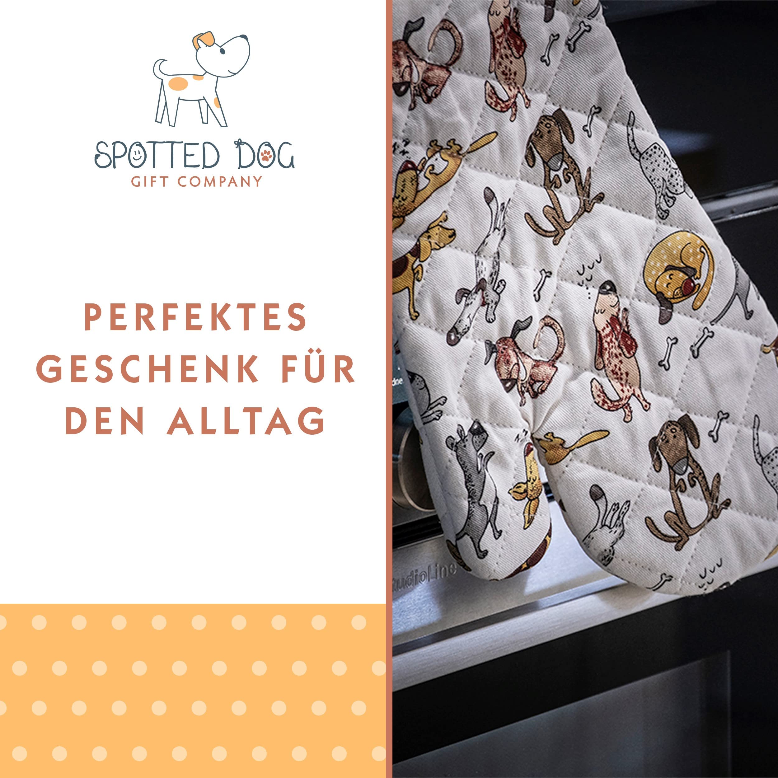 SPOTTED DOG GIFT COMPANY - Backhandschuhe Hitzebestaendig, Topfhandschuhe Ofenhandschuhe Lang mit Lustige Hund Motiv, Geschenk für Frauen Damen und Männer