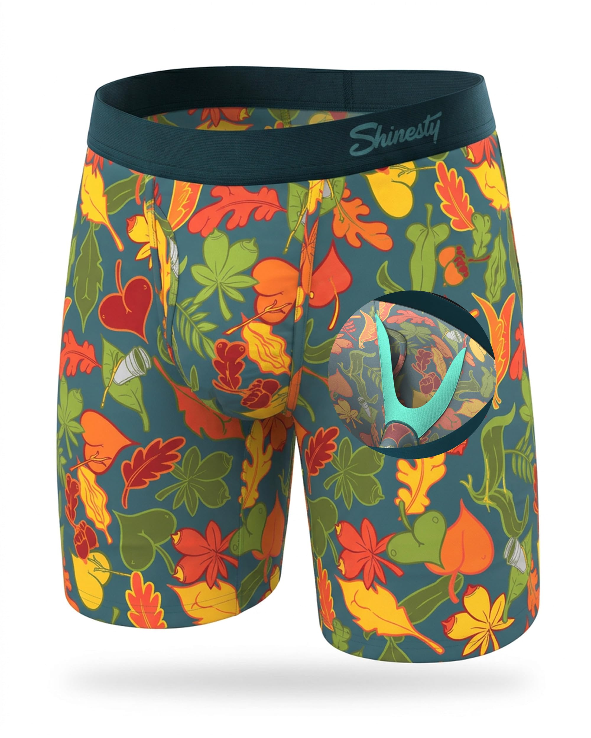 Shinesty Long Leg Boxer Briefs for Men - Support Ball Hammock Underwear, Naughty Leaves, XL