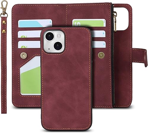 iCoverCase Funda tipo cartera para iPhone 13 con tarjetero y correa para la muñeca, de piel sintética, ranuras para tarjetas, bolsillo con