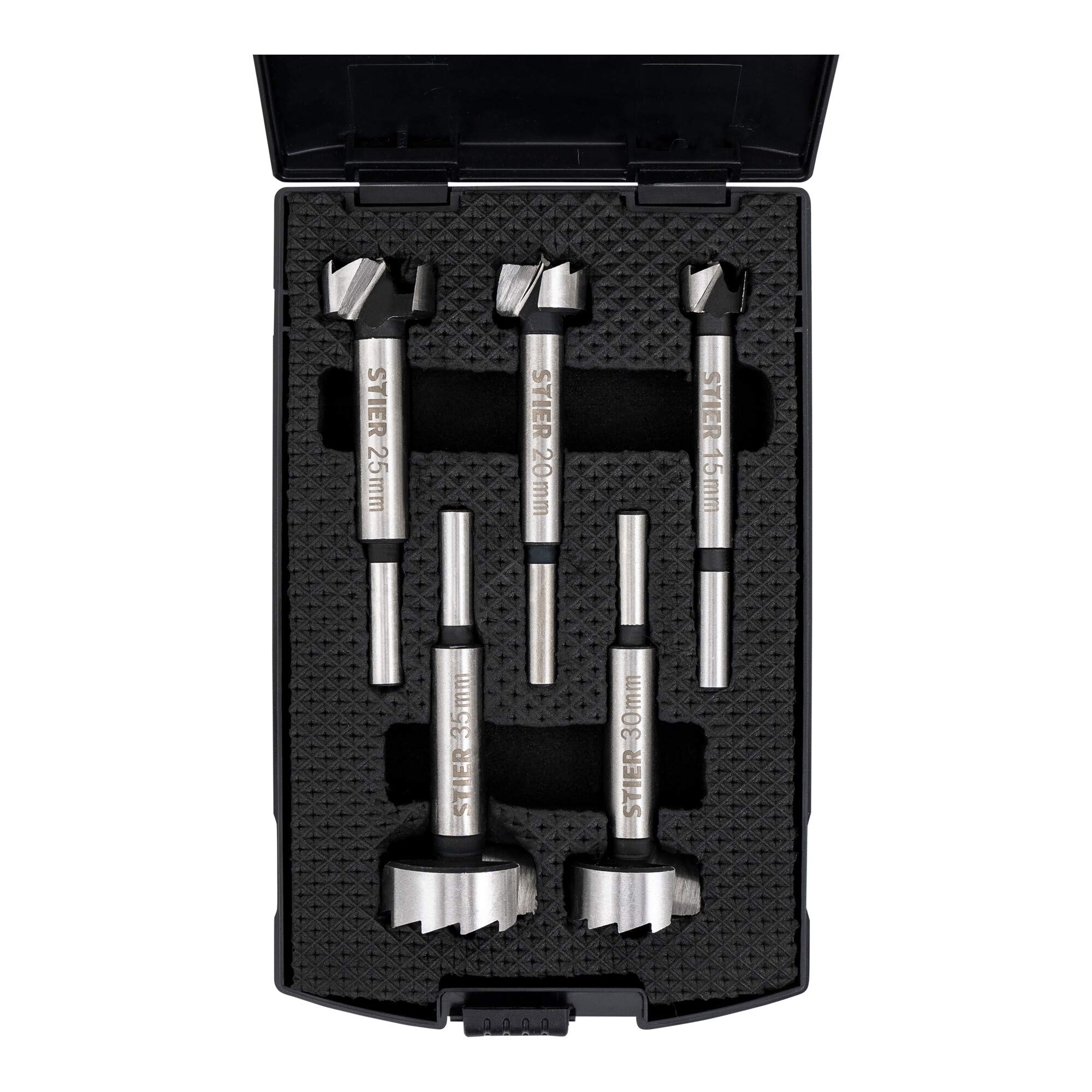 STIER hochwertiger Forstnerbohrer Set, 5-teilig in praktischer Kassette, Bohrergrößen: 15, 20, 25, 30, 35 mm mit 10 mm Schaft, geeignet für Hart- & Weichholz