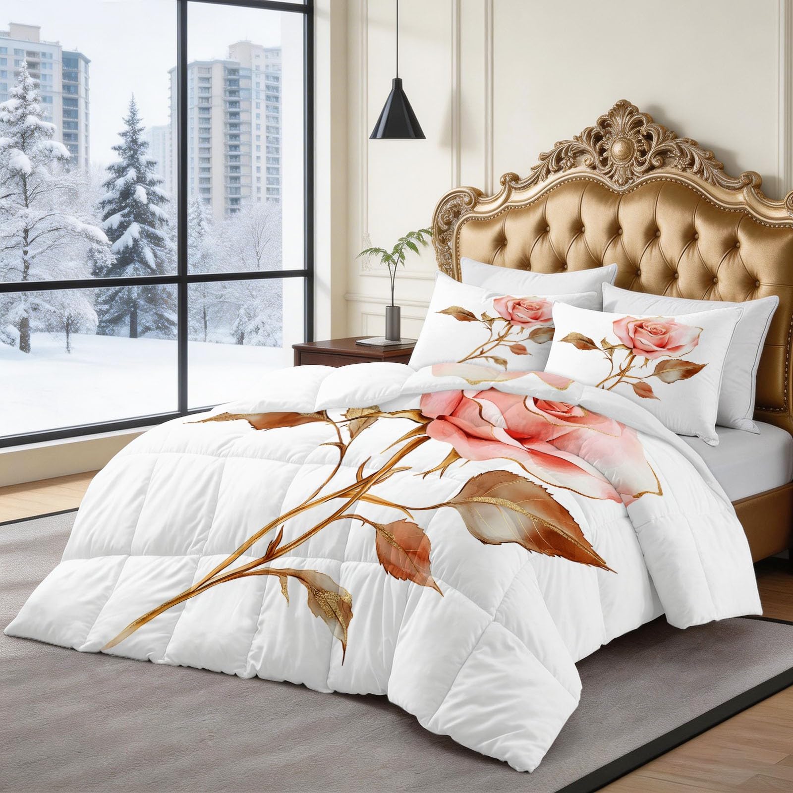Genérico Wygodna kołdra 200 x 200 cm różowa różowa prosta i elegancka kołdra z nadrukiem z wypełnieniem z włókna, nordycka zimowa miękka, lekka, dwustronna i oddychająca, biała