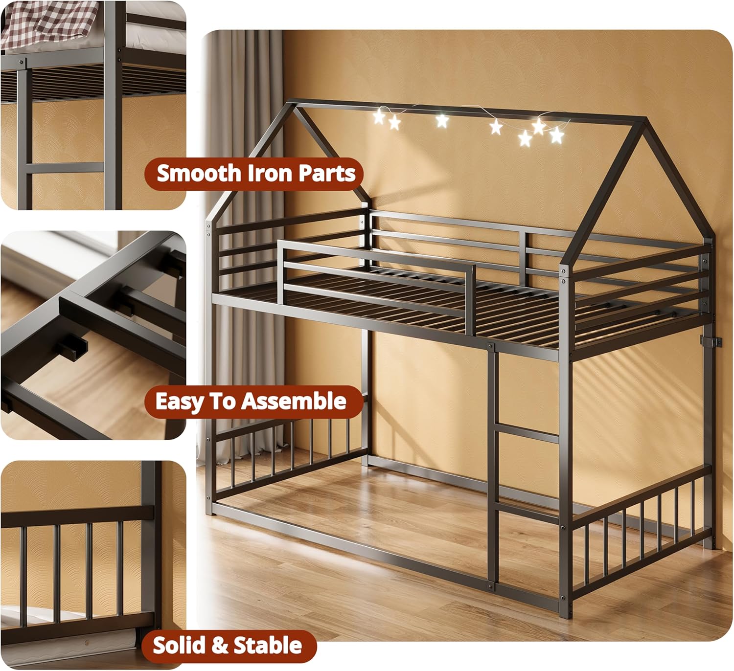 Close-up of the LIKIMIO bunk bed frame showing easy assembly points