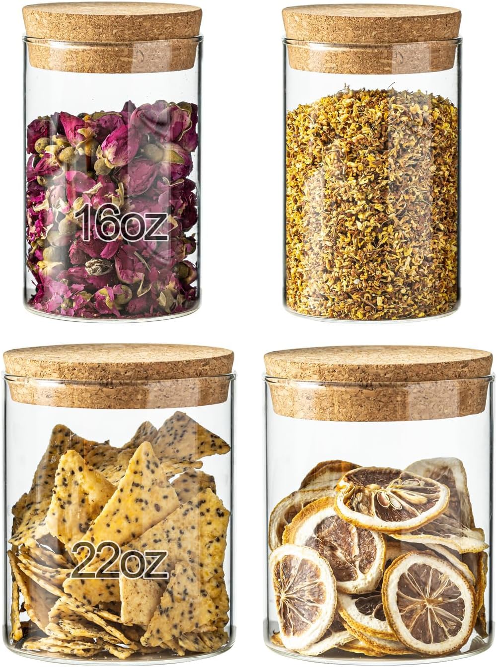 Airtight Glass Jars with Cork Lids -set of 4 (2 Large 16oz & 2 Small 10oz) Kitchen Storage Containers for Tea, Cereal, Flour, Spices, Beans, Candy | Wedding, Pantry, Biscuit Organization (4PCS)