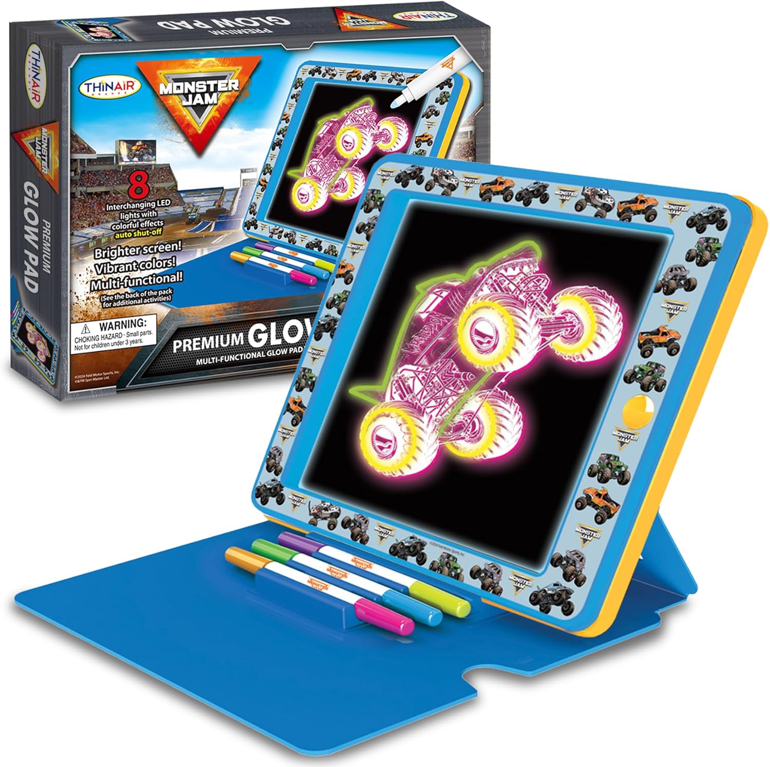 Monster Jam Premium Glow Pad – LED Drawing Pad for Kids with Easel Cover, 3 Markers and 8 Backgrounds – Animated Drawing Board for Creative Play