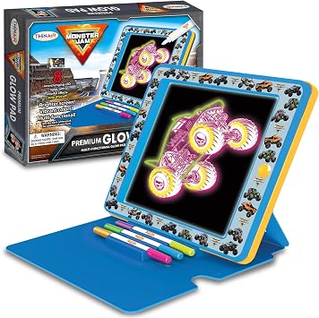 Monster Jam Premium Glow Pad LED Drawing Pad for Kids with Easel Cover, 3 Markers and 8 Backgrounds Animated Drawing Board for Creative Play