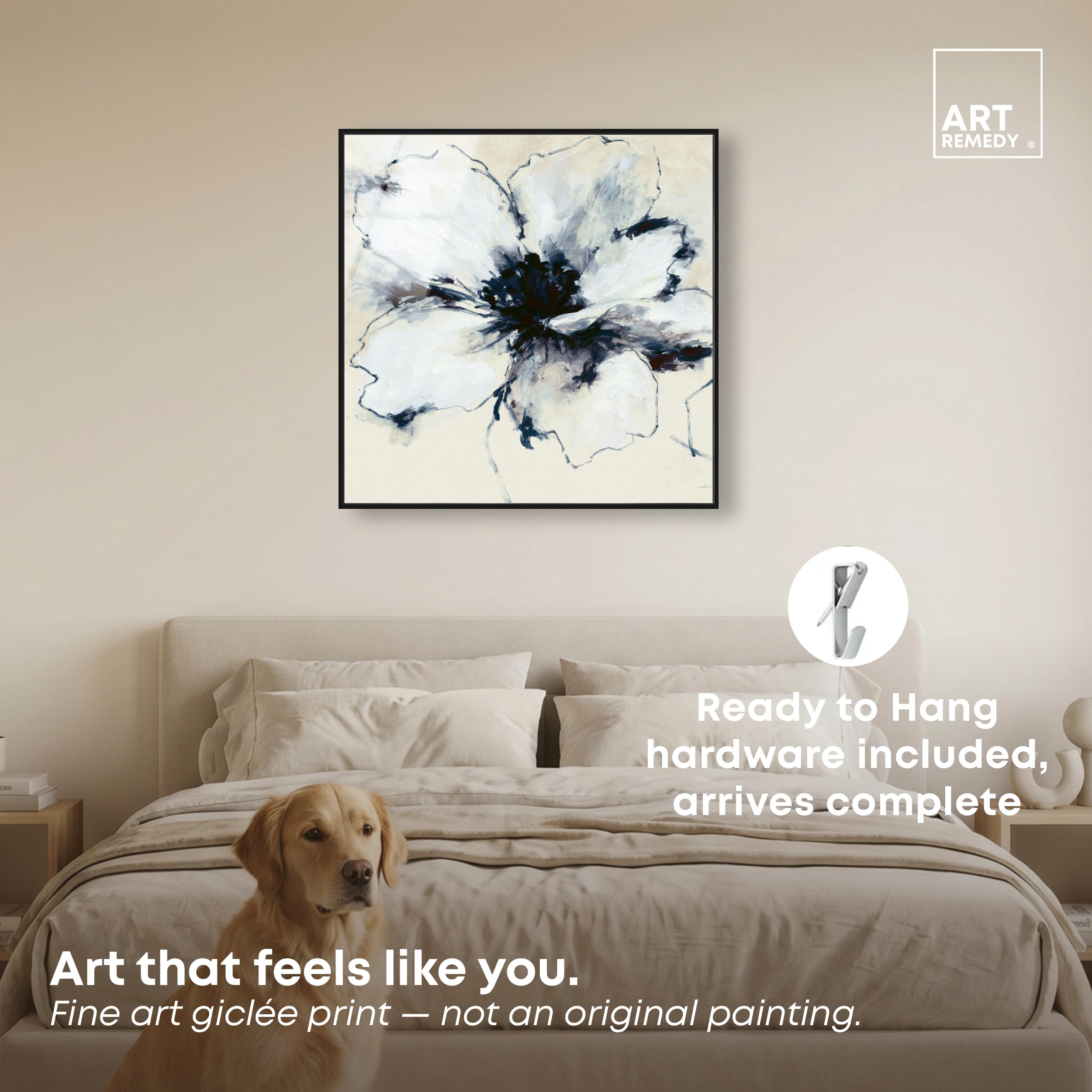 Art Remedy Onyx Blossom II Gerahmter Acryldruck, Bauernhaus, Wandkunst, schwarzer Rahmen, 76 x 76 cm