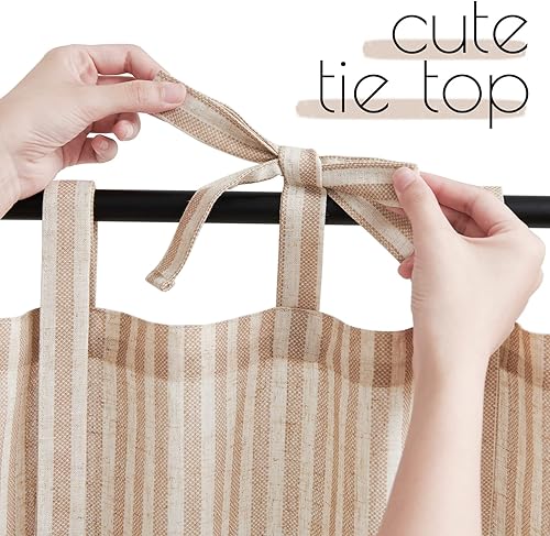 Miniatura 2 de jinchan Cortinas de cocina de 24 pulgadas de largo, de lino, a rayas, con cintas en la parte superior, cortas, filtran la luz, con jareta, para sala