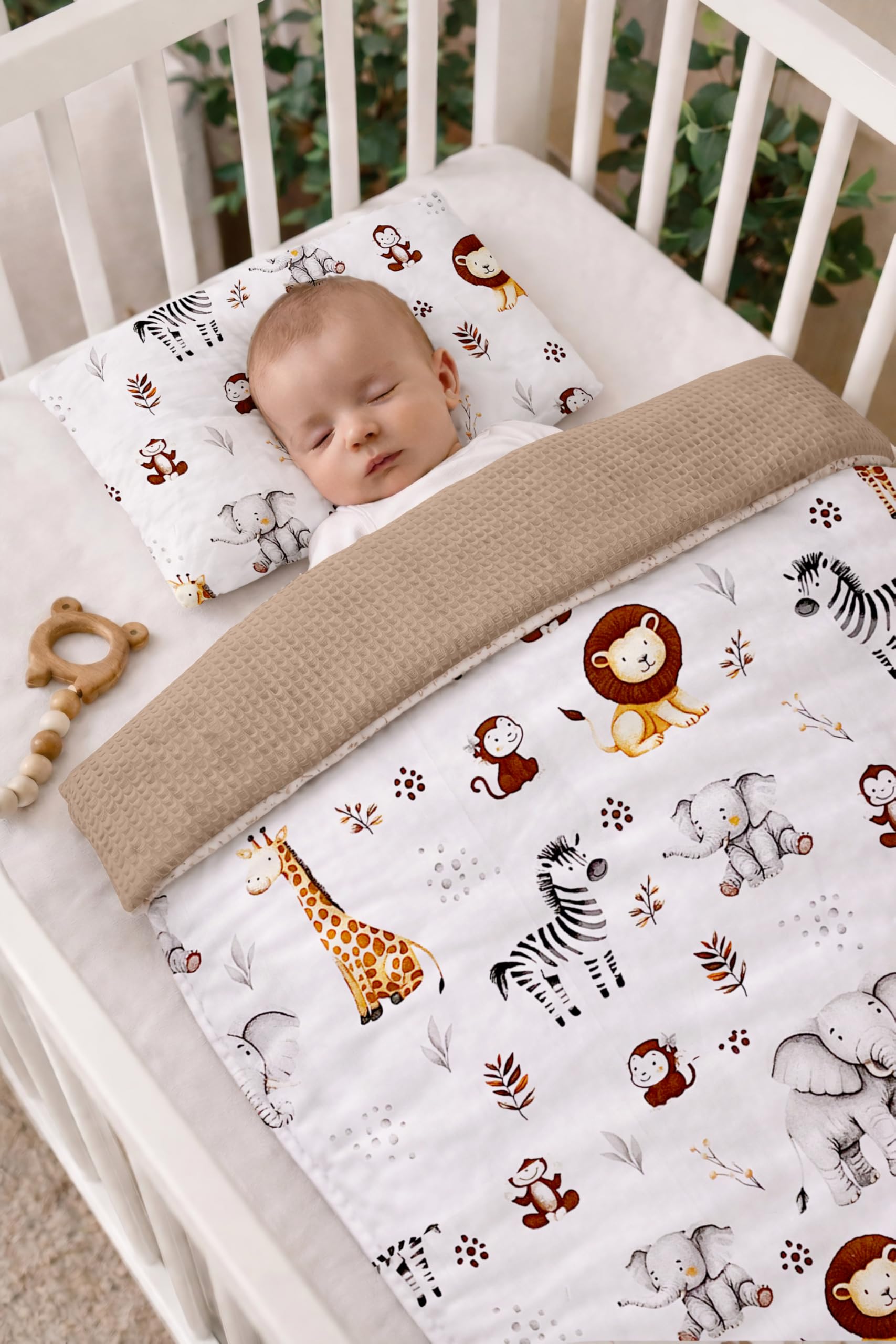 Babynest Nestchen Baby Set für Neugeborene – 5-teilig – Kuschelnest aus 100% Baumwolle & Waffelpique – Babykokon tragbar – für Babybett, Kinderbett & Kinderwagen – OEKO-TEX - ZOO und Braun