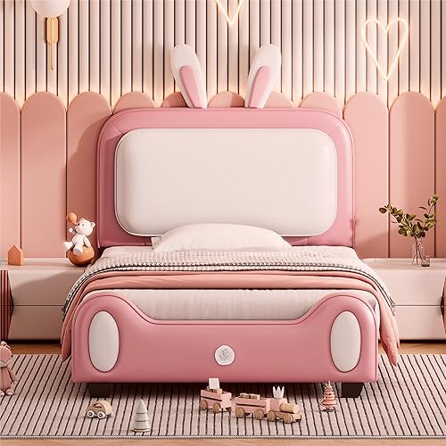 Miniatura 125 de Quarte Bonita cama de princesa tapizada de tamaño matrimonial con cabecero de corona, no requiere somier Beige/orejas de dibujos