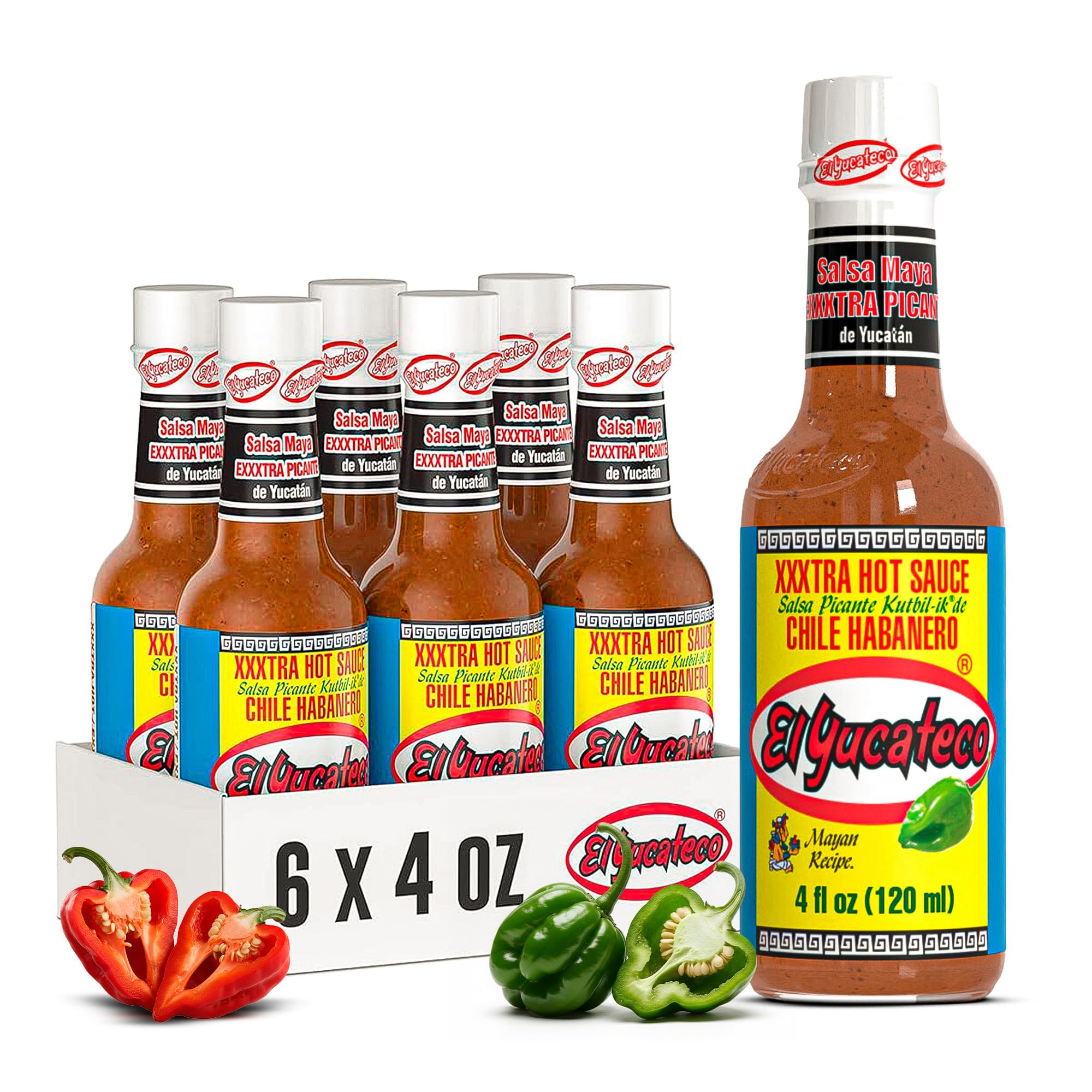 El Yucateco XXXtra Hot Habanero Sauce, 4 oz., 6 Pack,11,250 Average Scoville Units, Gluten Free, Sugar Free