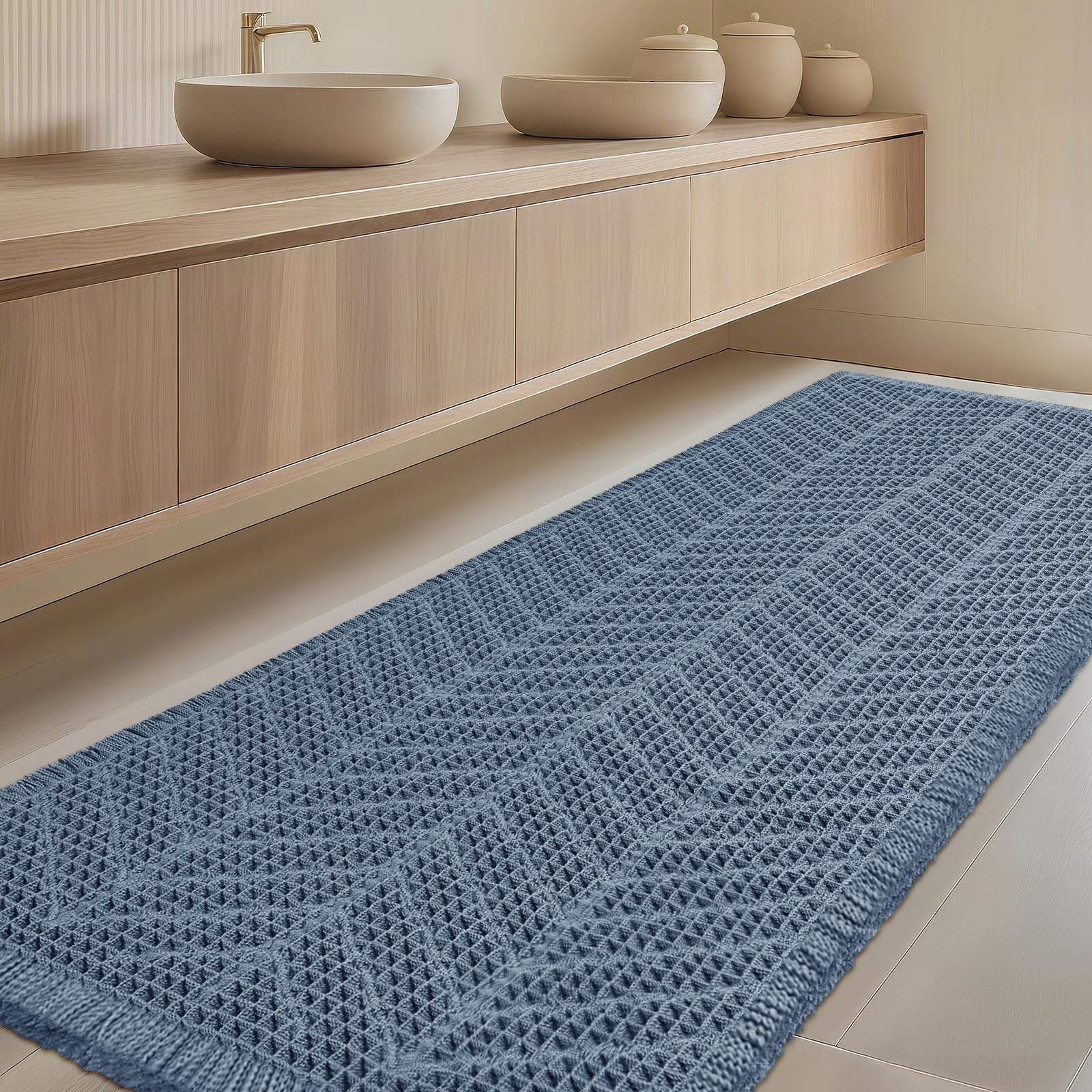 IM HOME Extra Large Waffle Bath Mat, Boho Bathroom Rugs Absorbent Non Slip, Ultra Soft Bathroom Mat, Machine Washable Knit Bath Rugs with Herringbones for Bathroom,Bedroom,Kitchen,Shower,6'x2', Blue