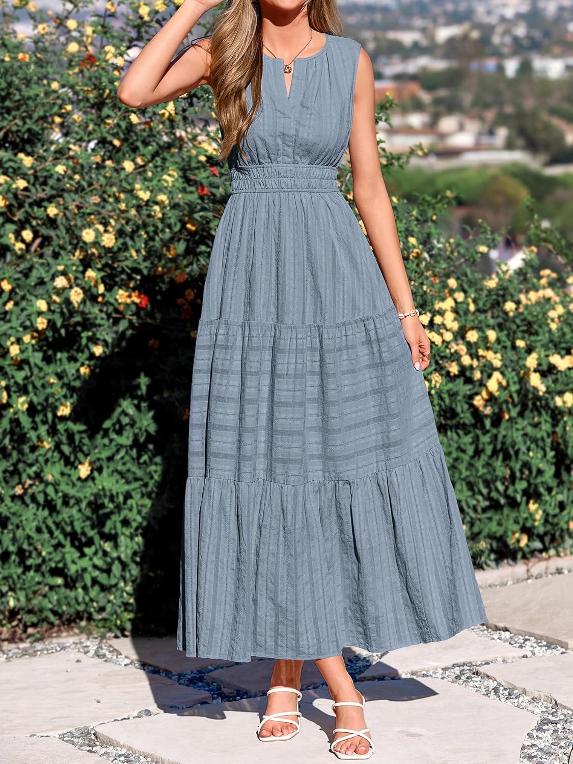 BTFBM Summer Dresses for Women 2026 Sleeveless Boho V Neck A Line Flowy Spring Casual Maxi Dress Beach Vacation Pockets