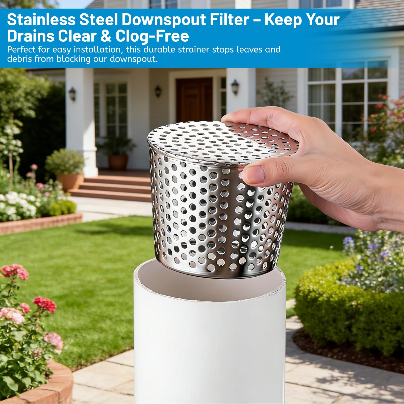 LALAGO 4 Pièces Crapaudine de Gouttière Grille 75-90mm, Gouttière Anti Feuilles Filtre de Descentes en Acier Inoxydable, Grilles de Drainage pour Maison Avant-Toit Fossé Égout pour Éviter les Blocages