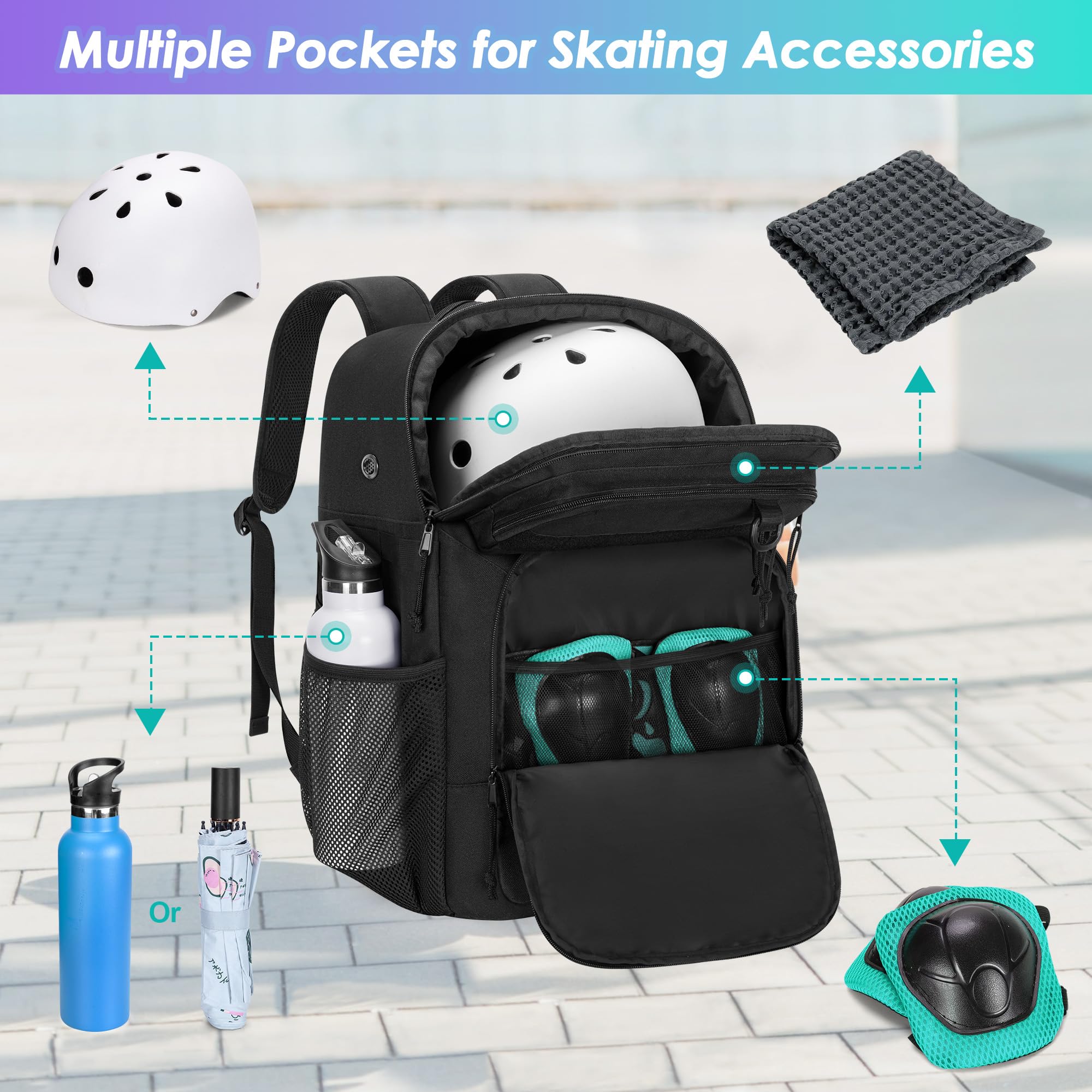 GOBUROS Skate Tasche für Schuhe bis US Herrengröße 13, Rollschuh Rucksack mit Mehreren Zubehörfächern, Inline Skate Tasche für Damen und Herren, Schwarz