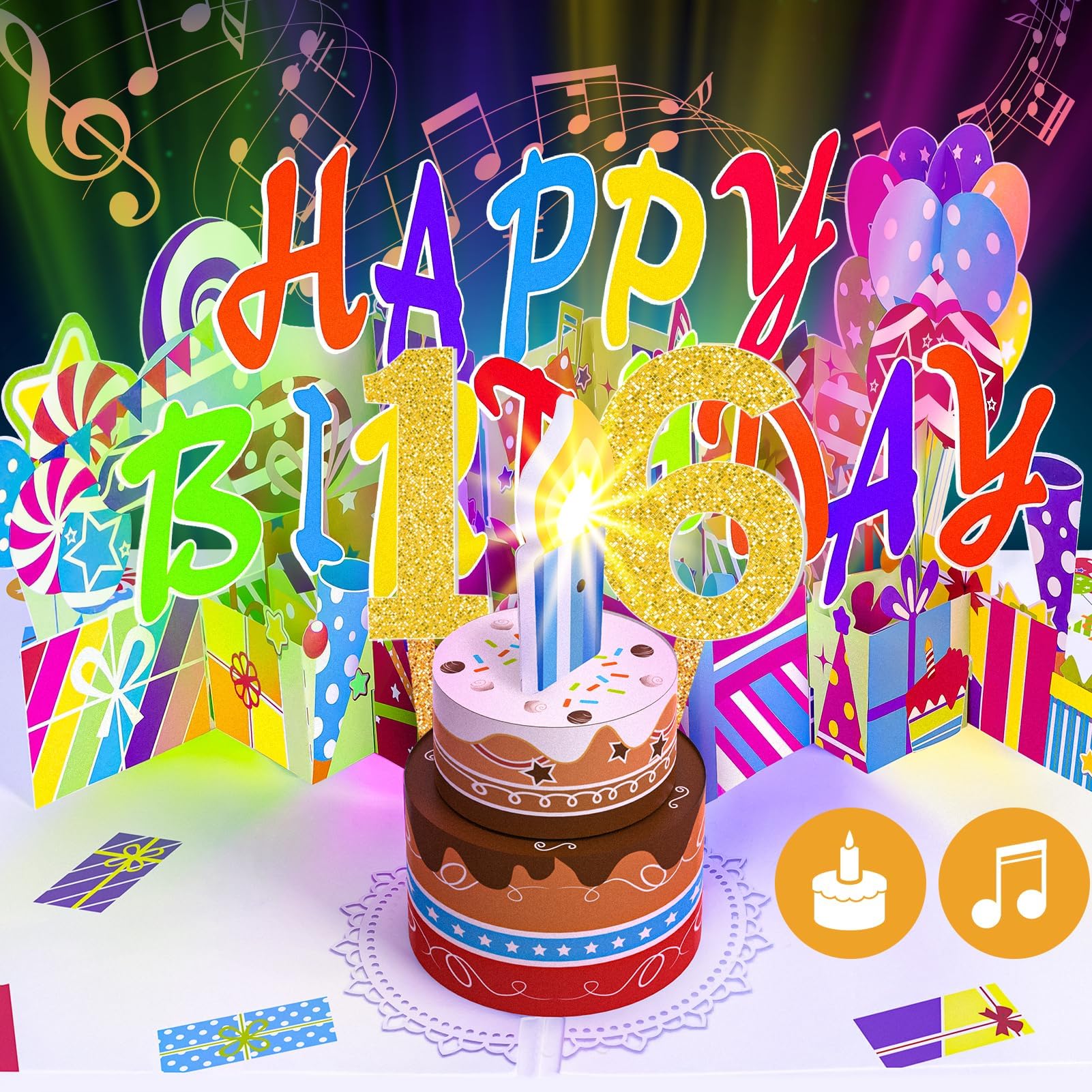 Gumry 16th Pop-Up Musical Birthday Card with Blowable LED Candle for Teens