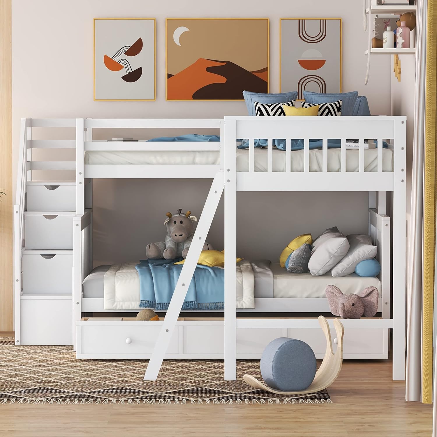 Bellemave L-Shape Triple Bunk Beds with Stairs and Storage Drawers Twin Over Full Bed Attached a Loft Wood Corner Bunked for 3 Kids Boys Girls Teens, White, White Stairs,