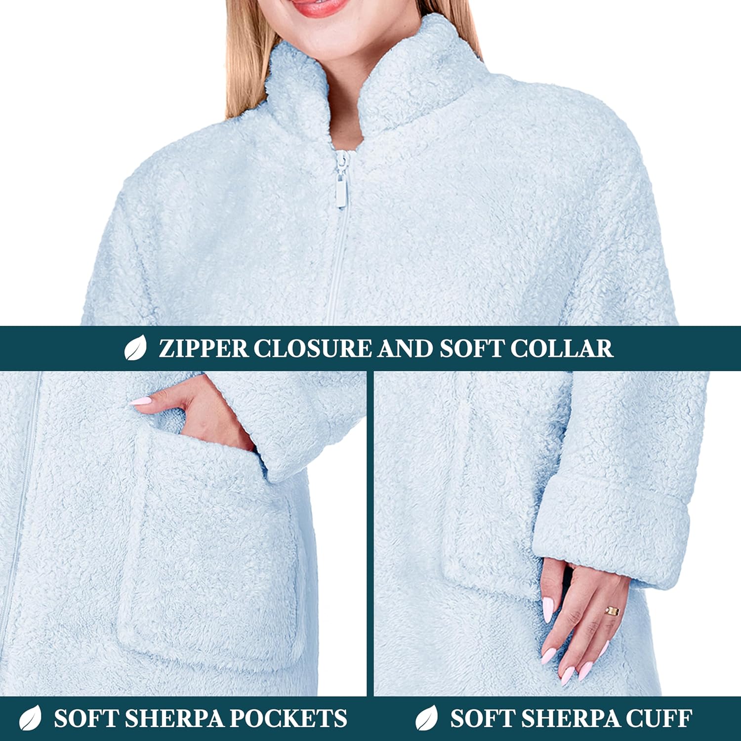 PAVILIA Womens Housecoat Zip Robe, Sherpa Zip Up Front Robe Bathrobe, Plush Warm Zipper House Coat Lounger, Pockets Fluffy - Image 5