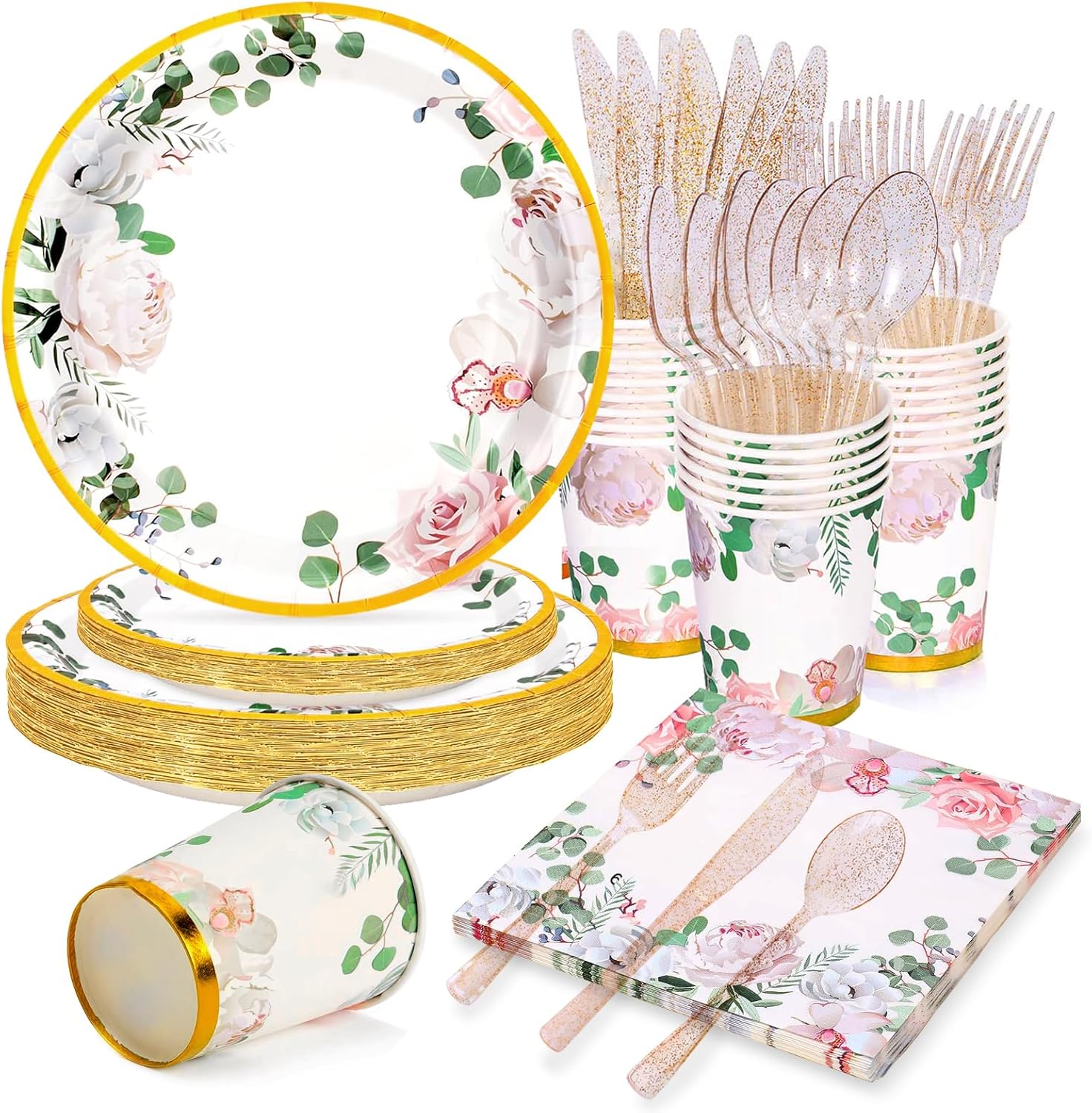 168 PCS Floral Plates and Napkins Party Supplies Serve 24 Flower Disposable Paper Dinnerware Sets for Adults Bridal Shower Decorations Baby Shower Birthday Wedding Engagement Tea