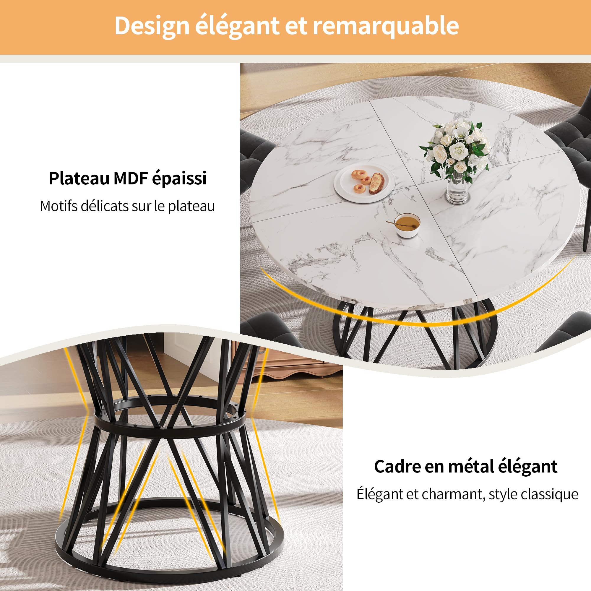 ModernLuxe Table à Manger Ronde 100×100 cm, Plateau MDF Imitation marbre Noir, Table Cuisine Design 4 Personnes, Salon et Salle à Manger Moderne