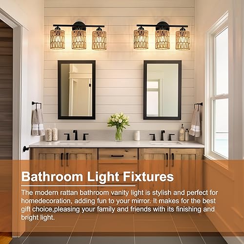 Miniatura 2 de Frideko - Lámpara de tocador de baño de 3 luces, moderna lámpara de ratán sobre espejo, apliques de pared bohemios con pantalla tejida, lámpara de