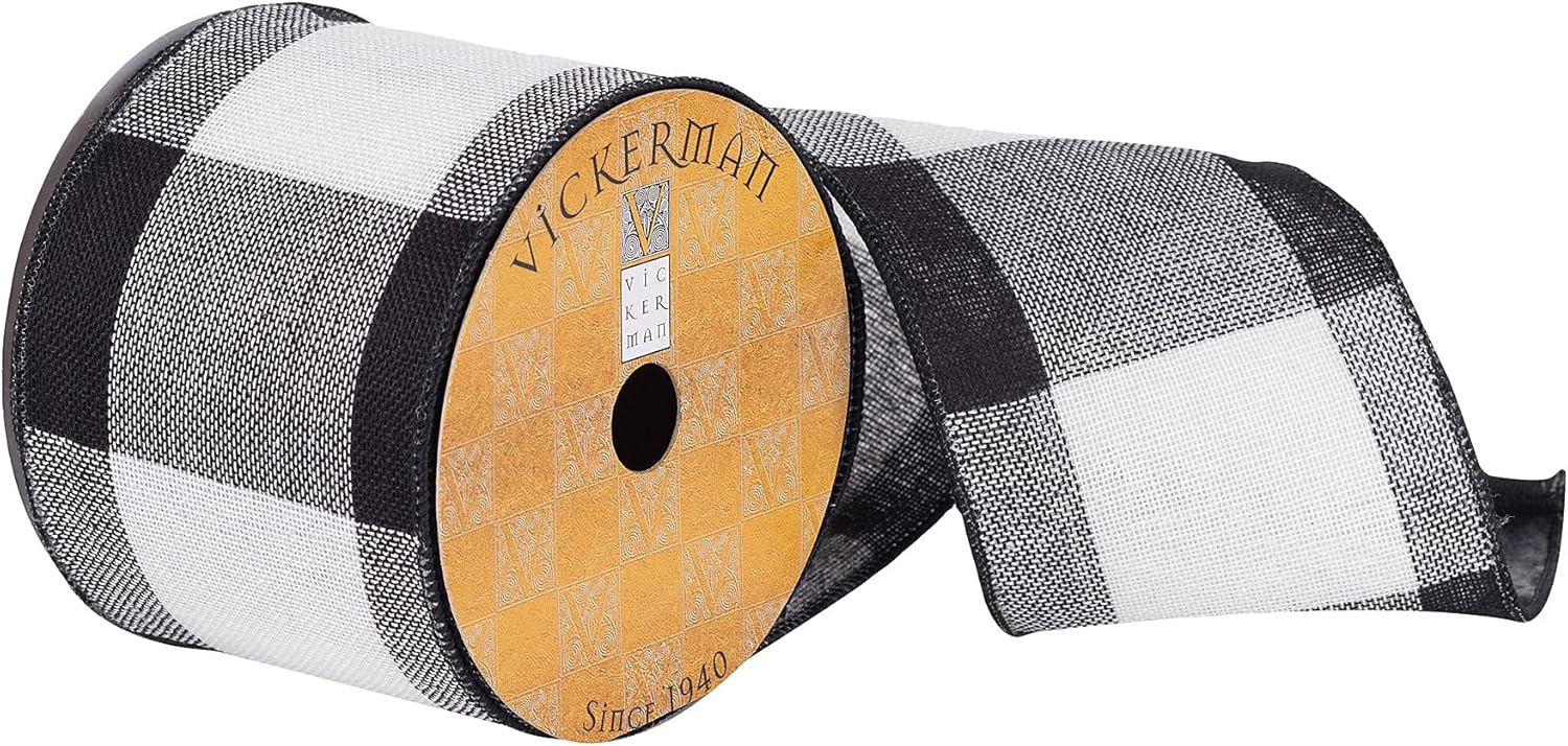 Vickerman 4" x 10 Yard Black and White Soft Plaid Christmas Ribbon