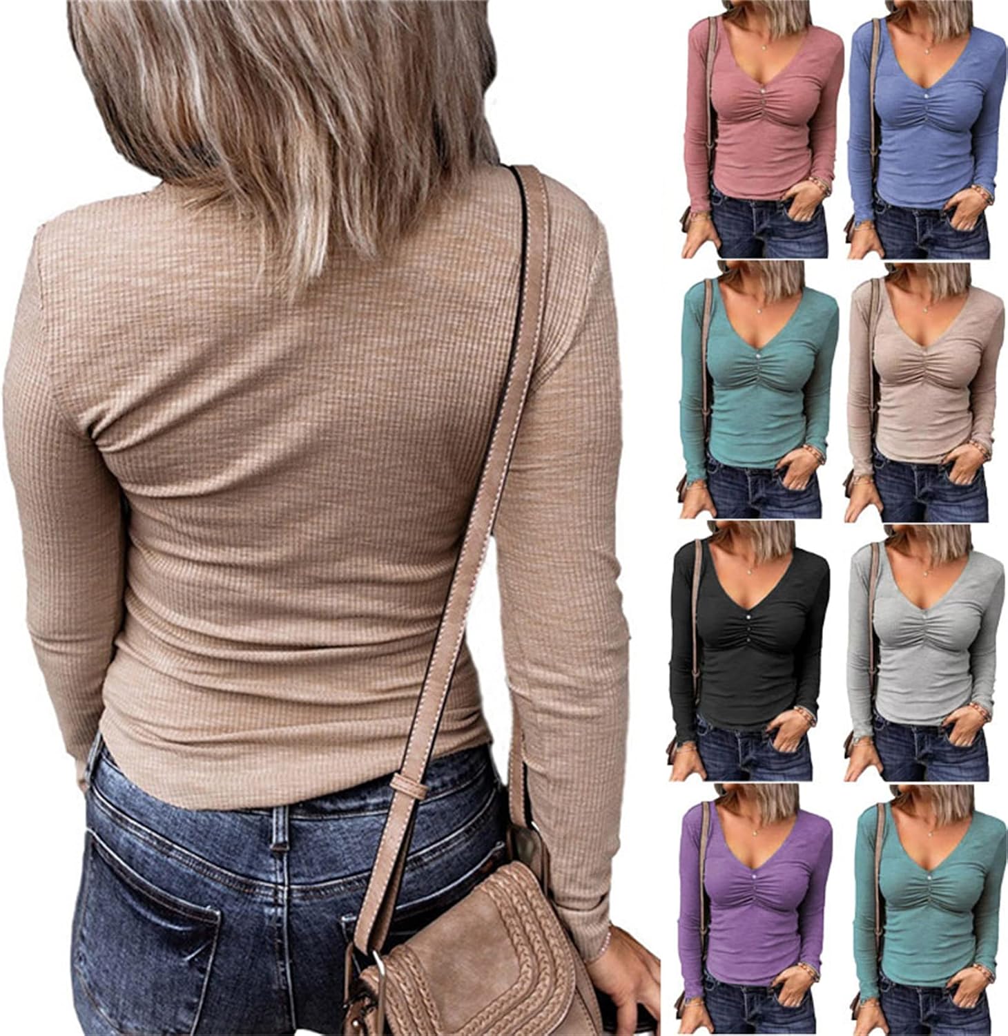 lonwick Women's Long Sleeve V Neck Button Down Casual Tops Ribbed Solid Color Henley Shirts Blouses