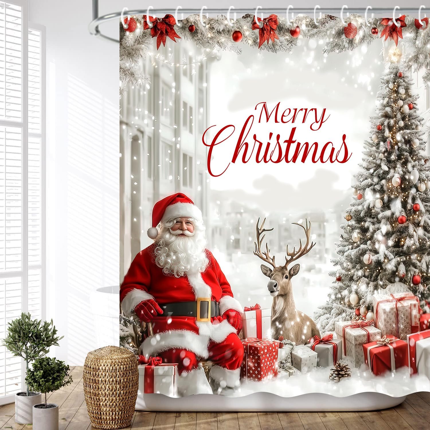 JAWO Christmas Winter Shower Curtain Sets, Cute Funny Red Santa Claus Deer Tree Shower Curtains,White Snowflake Xmas Gifts Tree Holiday Bathroom Decor Curtains with Hooks,