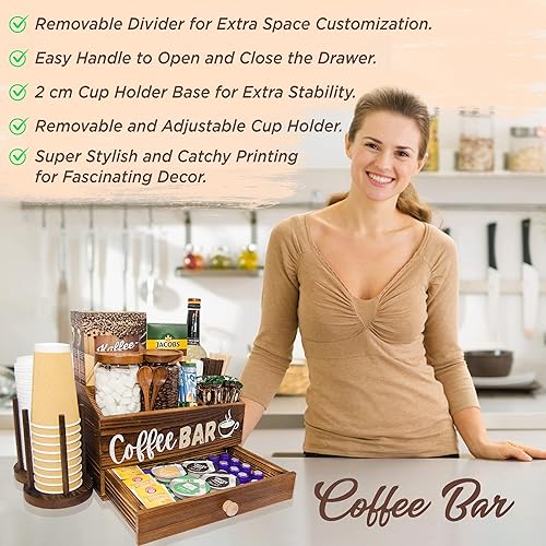 Miniatura 6 de Organizador de estación de café para encimera, organizador de madera para barra de café, cesta de almacenamiento con cajón, organizador de