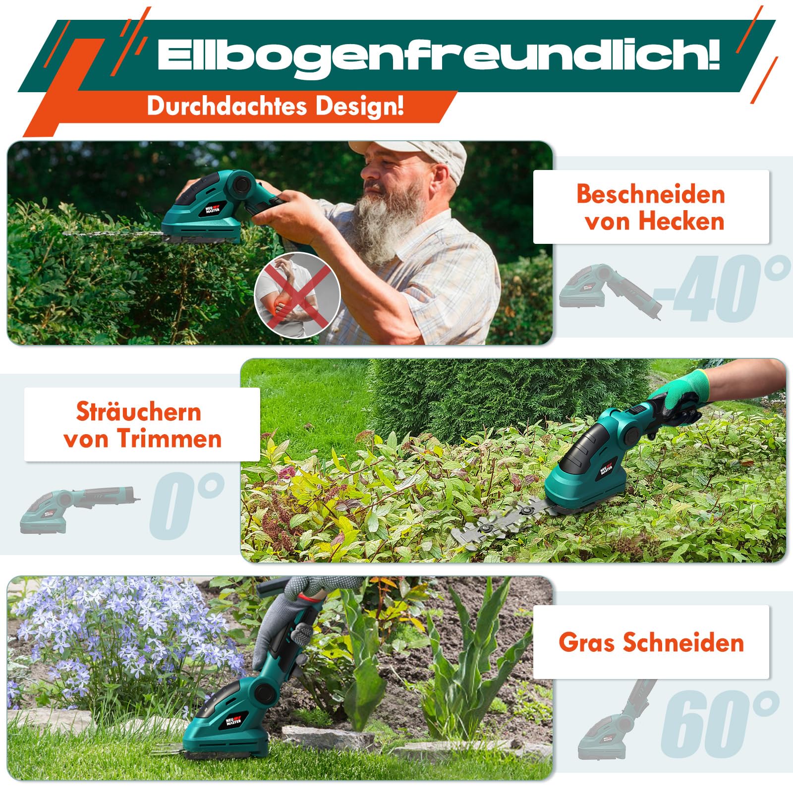 NEU MASTER Akku Grasschere - Gartenschere/Strauchschere/Rasenschere Akku, (Verstellbarer Griff, Integrierter 3,6V, 2000mAh) mit 2 Verschiedene Messer, Messerlänge 8,2cm/14cm und Ladekabel