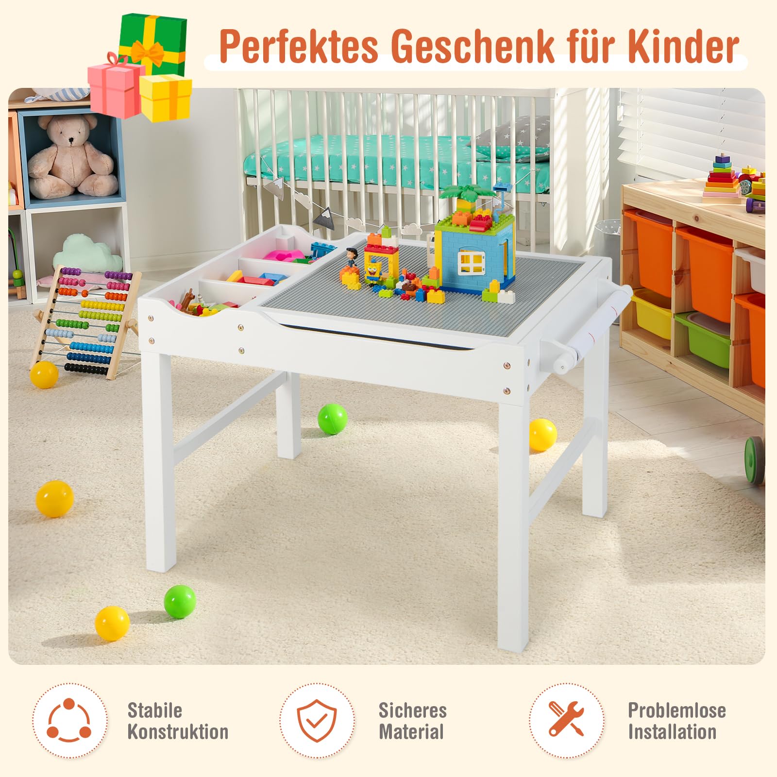 COSTWAY 2 in 1 Kindertisch mit umkehrbarer Tischplatte, Spieltisch aus Kiefernholz mit Stauraum, Seiternstange & Papierrolle, Aktivitätstisch Legotisch für Kinder ab 3 Jahre (Weiß)