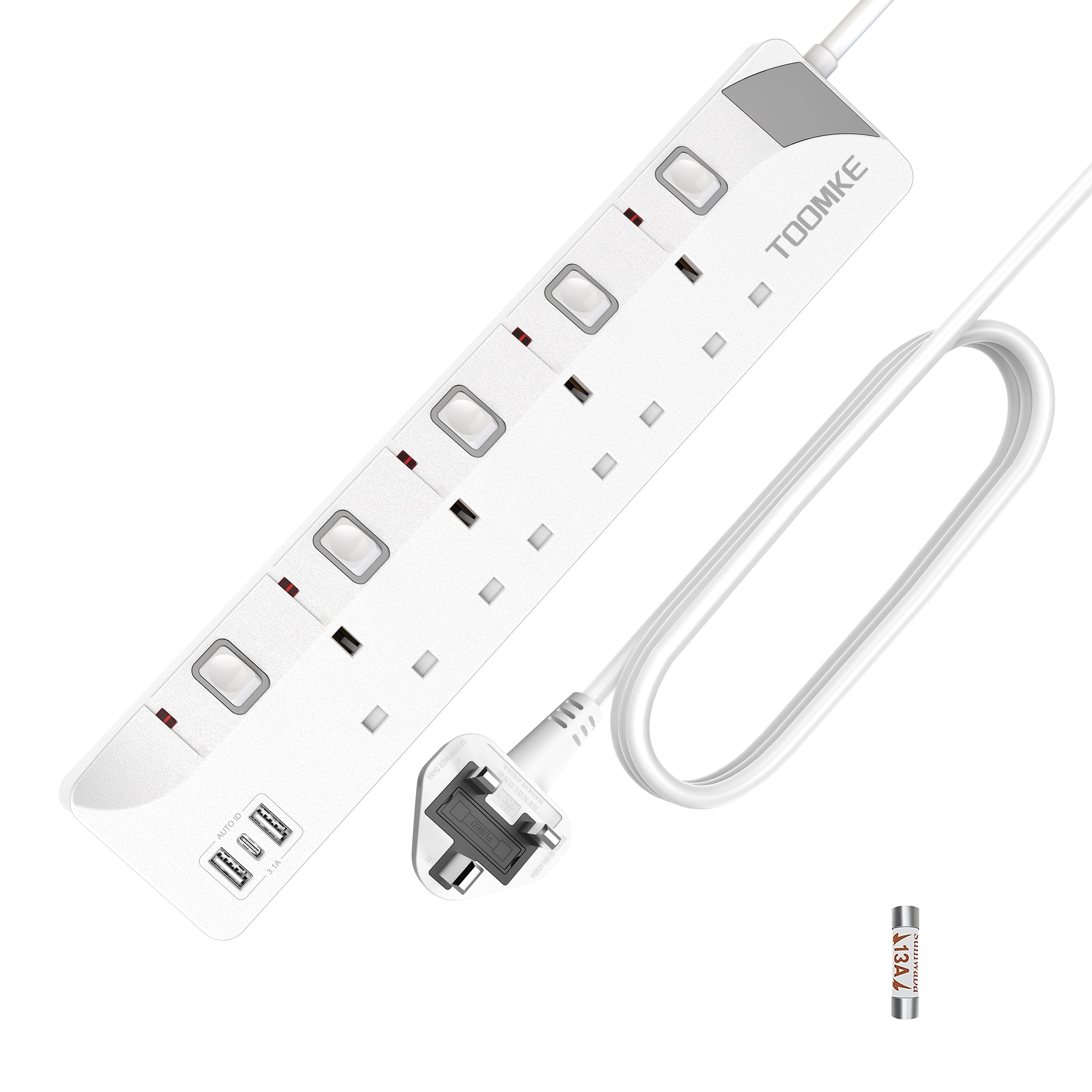 Extension Lead with USB Slots, Toomke 4 Way Plug Extension Socket with 2 USB-A and 1 USB-C, Mountable Power Strip with Individual Switches, UK Plug Socket 1.5m Extension Cord 13A 3250W — view 13