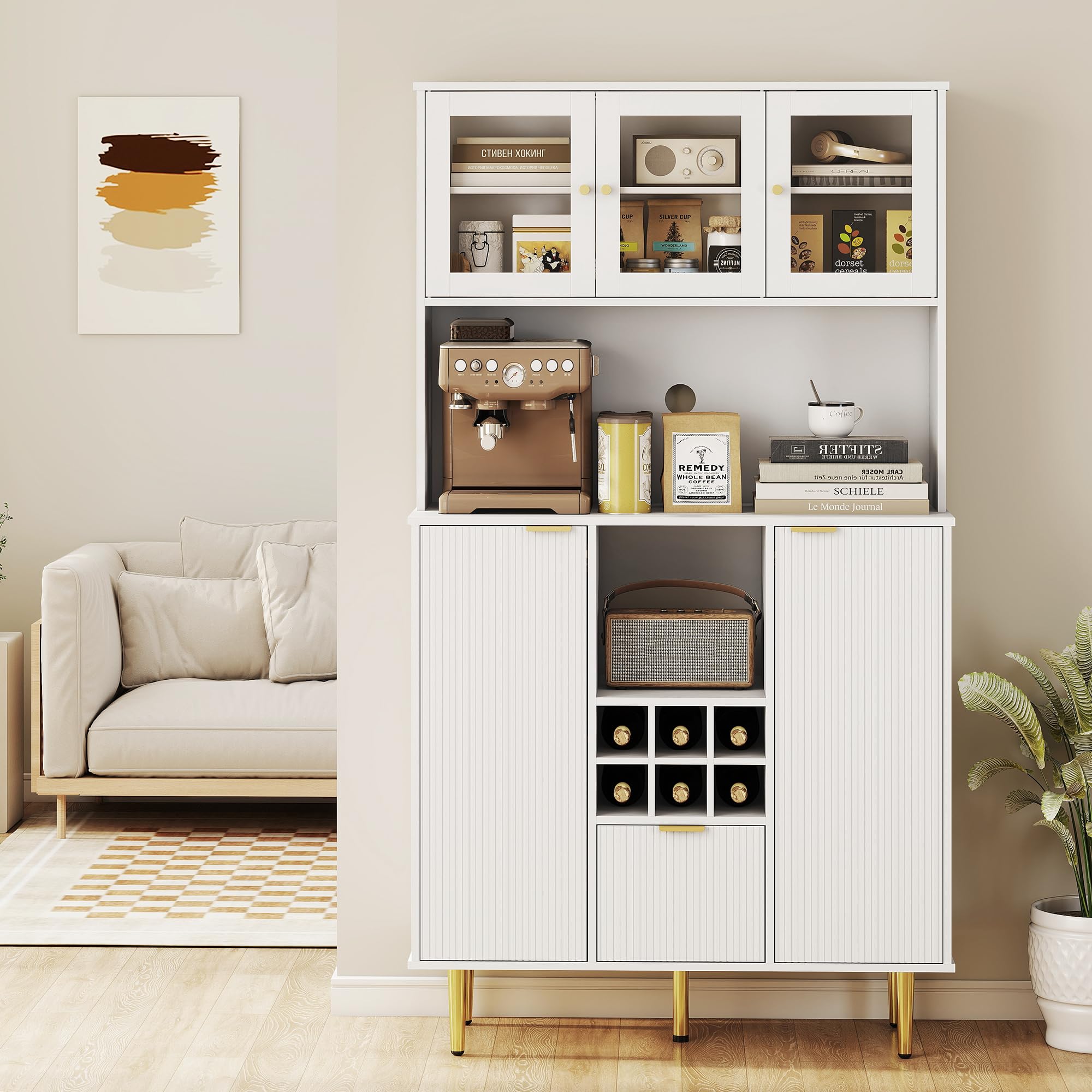HOMCOM Alacena de Cocina Alto 3 Puertas de Vidrio 100x40x180 cm Blanco | Mueble Auxiliar de Cocina, Aparador, Botellero, Cajón, Estantes Ajustables, Compartimentos Abiertos