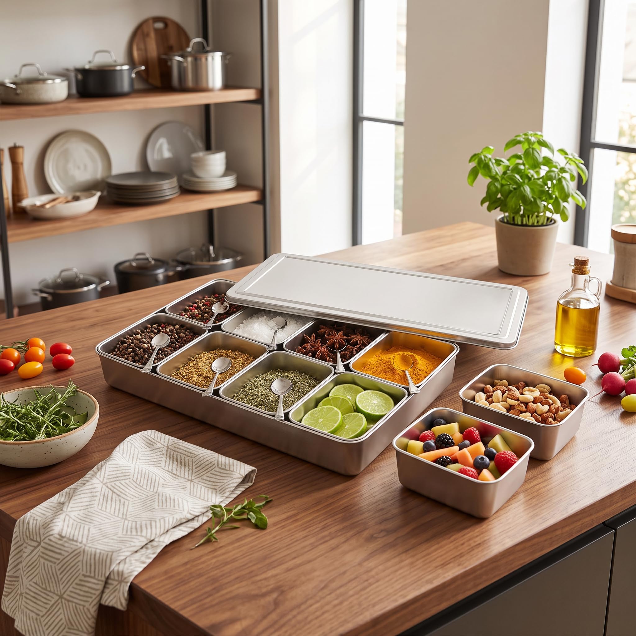 ZJchao Boîte à Épices en Alliage d’Aluminium avec 8 Compartiments – Coffret de Rangement Compact pour Assaisonnements, Condiments et Ustensiles de Cuisine