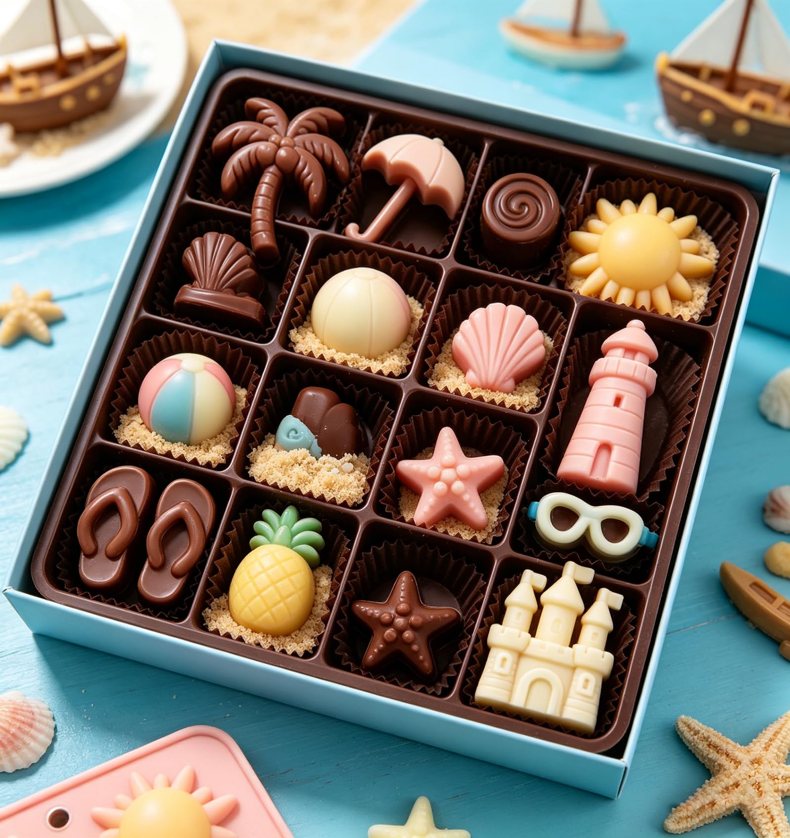 Molde de silicona para chocolate, árbol de coco, estrella de mar, farol, piña, chocolate, para fiesta tropical de verano, mar, gelatina, galletas, molde para hornear, 2 piezas